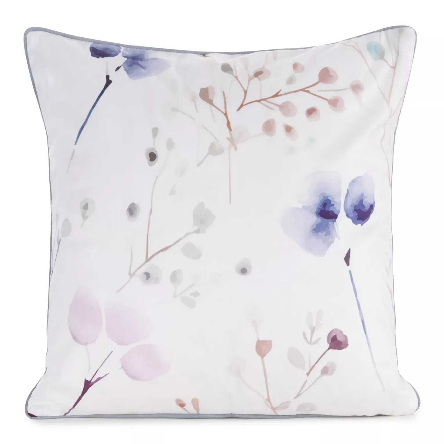 Poszewka na poduszkę 45x45 cm welwetowa z nadrukiem pastelowych kwiatów i ozdobną kontrastującą wypustką biało, beżowa VELVET 148 EUROFIRANY PREMIUM