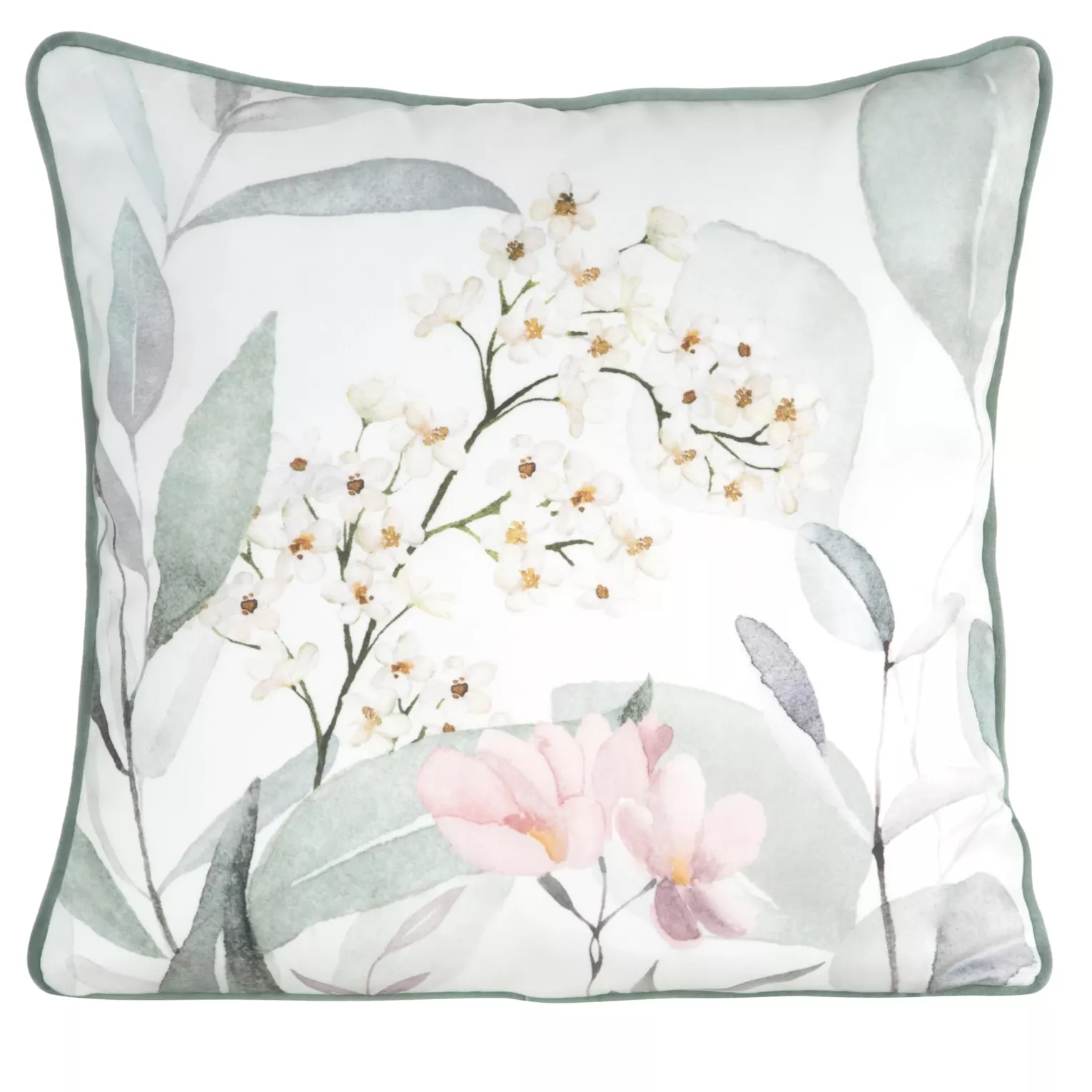 Poszewka na poduszkę dwustronna 45x45 cm welwetowa z motywem roślinnym z wypustką na brzegach biało, zielona JULIET EUROFIRANY PREMIUM