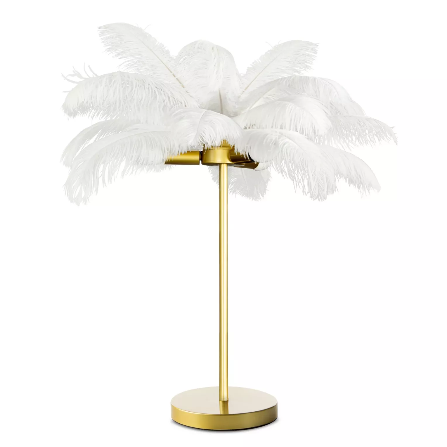 Lampa stołowa do salonu biało, złota na metalowej podstawie z niezwykle efektownym abażurem z naturalnych strusich piór 65 x 65 x 68 cm FERI Eurofirany