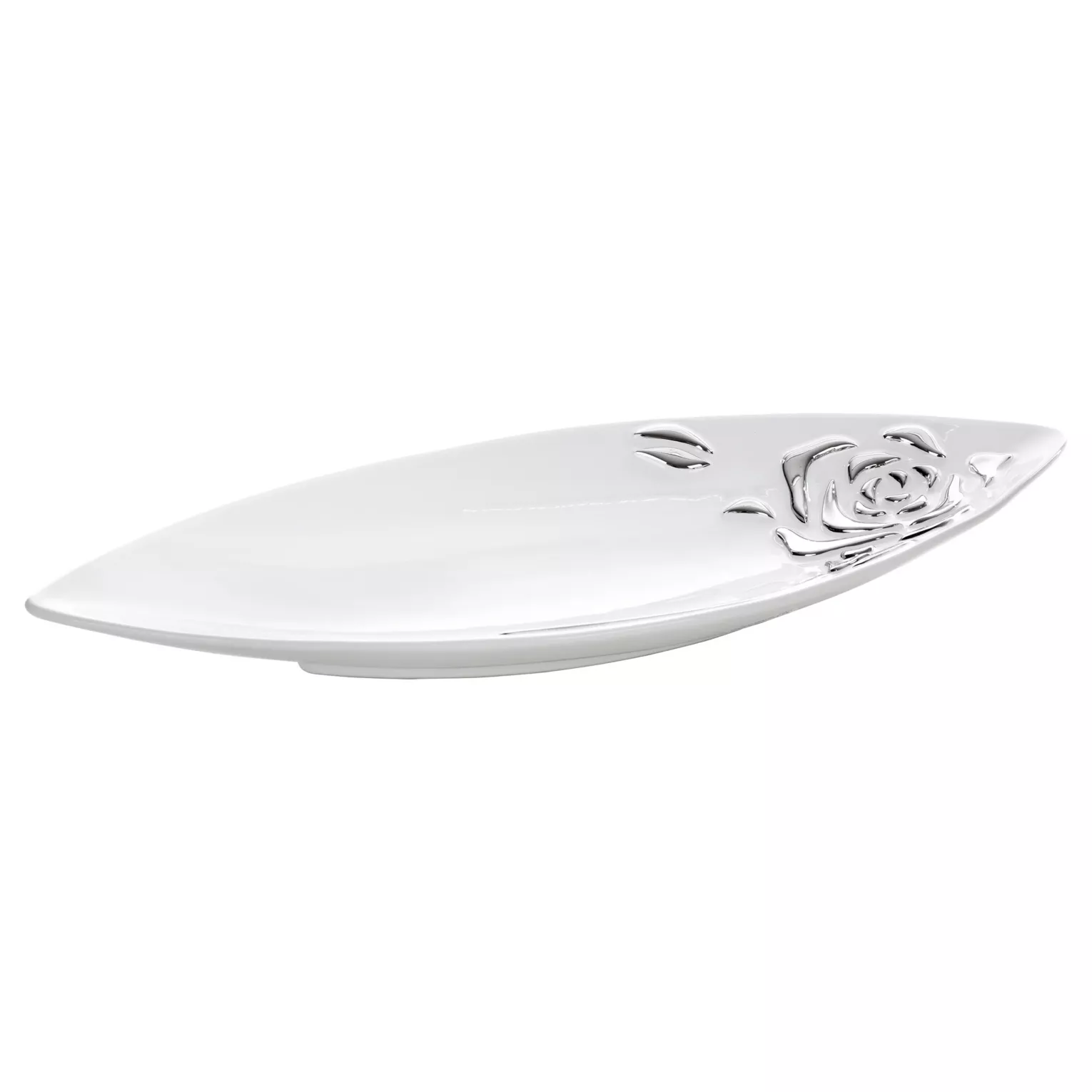 Patera ceramiczna dekoracyjna biało-srebrna w kształcie łódki zdobiona wypukłą różą 50x20x5 cm FLORESA Eurofirany