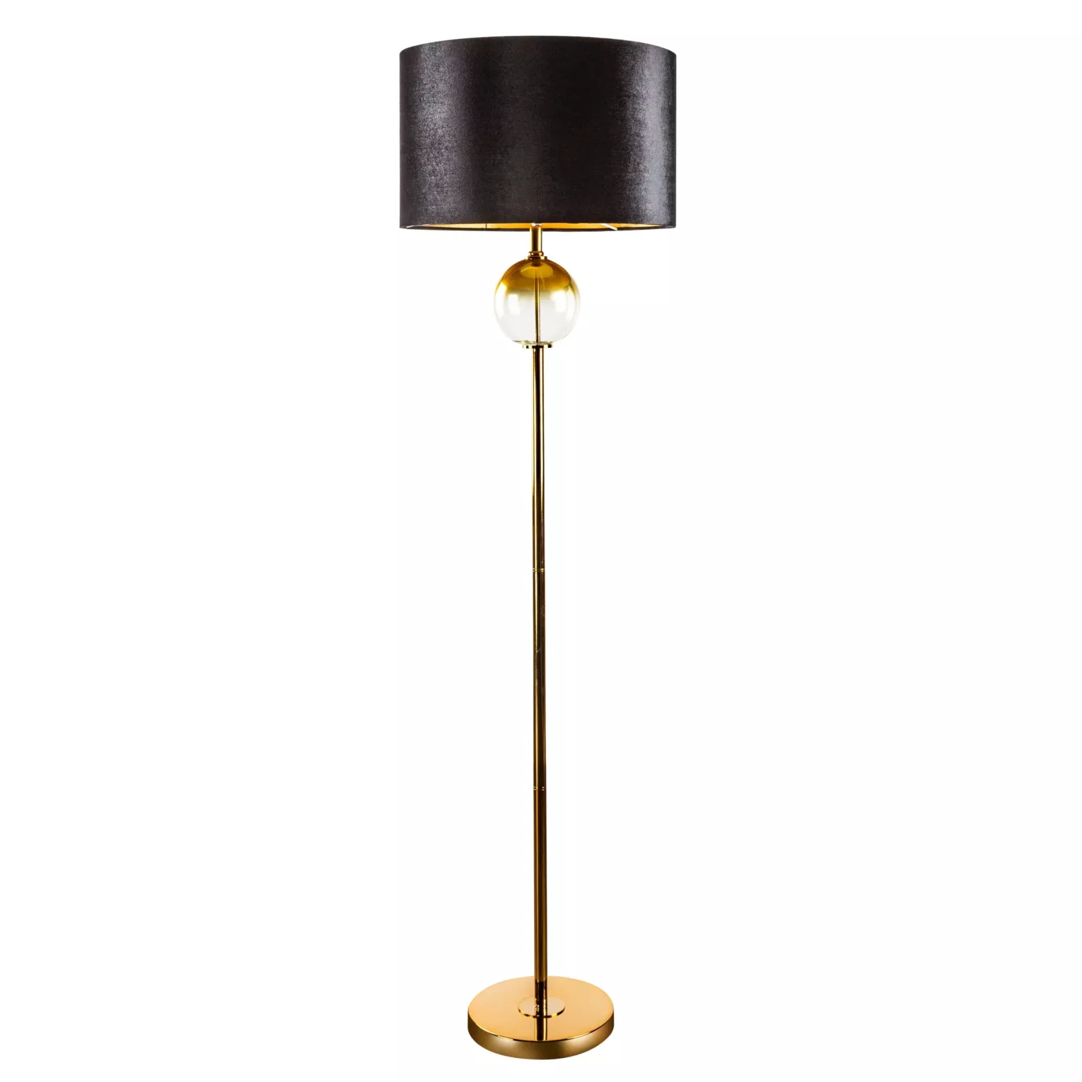 Lampa stojąca do salonu czarno, złota KAJA na podstawie łączącej szkło i metal z welwetowym abażurem 43 x 157 cm KAJA  Eurofirany