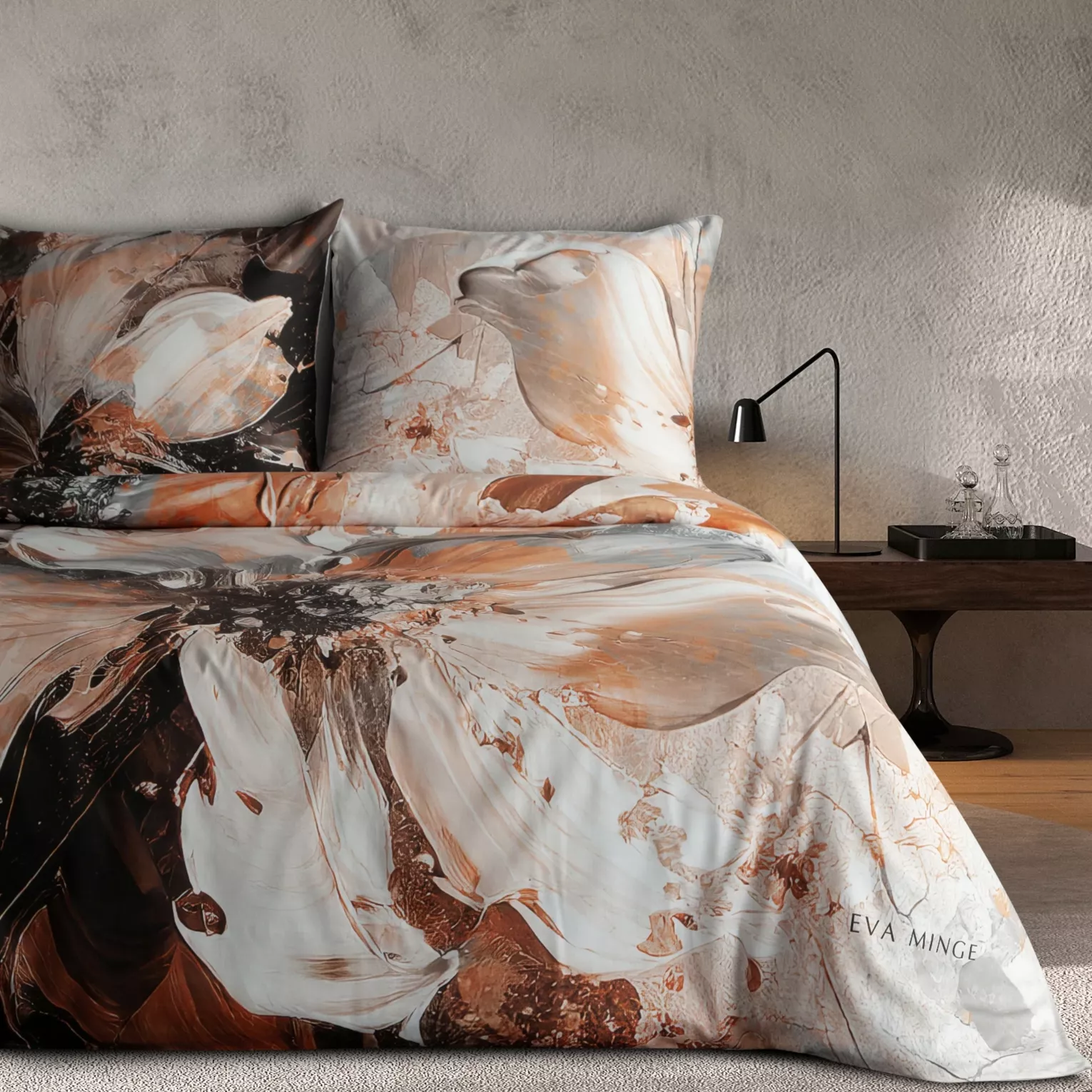 Pościel bawełniana z makosatyny 160x200 cm komplet 3 częściowy kolor rudy, jasnoszary z designerskim nadrukiem ASMARA Eva Minge Eurofirany
