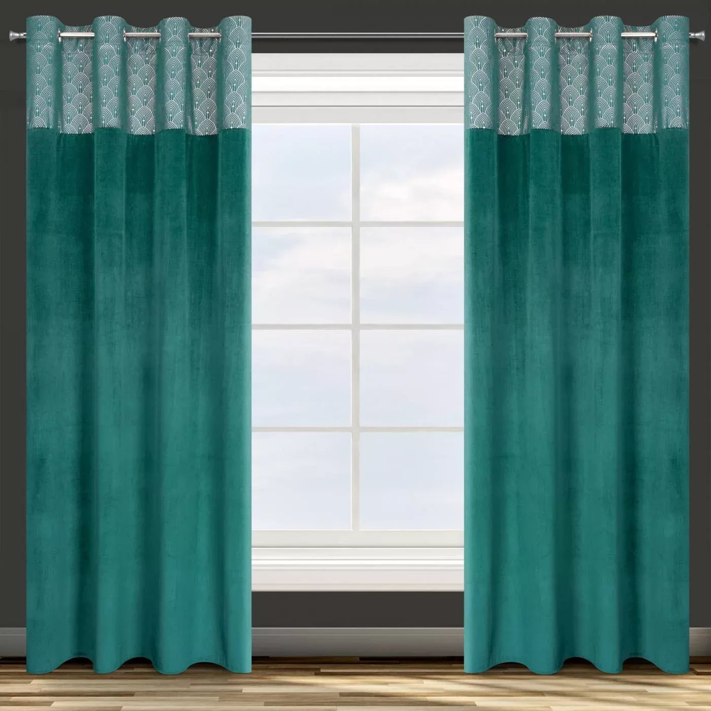 Zasłona turkusowa z aplikacją z błyszczącego welwetu 140x250 cm przelotka AGNES Design 91 Eurofirany