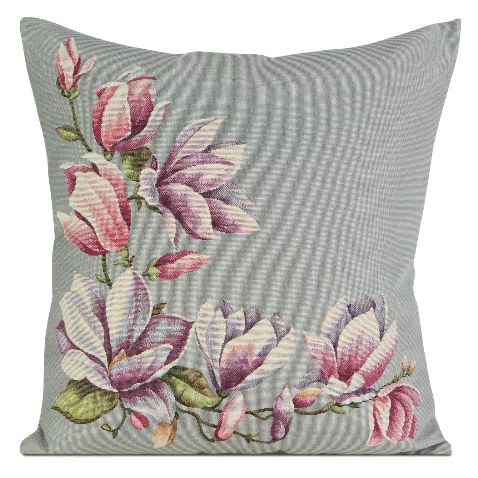 Poszewka na poduszkę 45x45 cm gobelinowa z tkanym motywem kwitnących magnolii popielato, różowa GOB Eurofirany