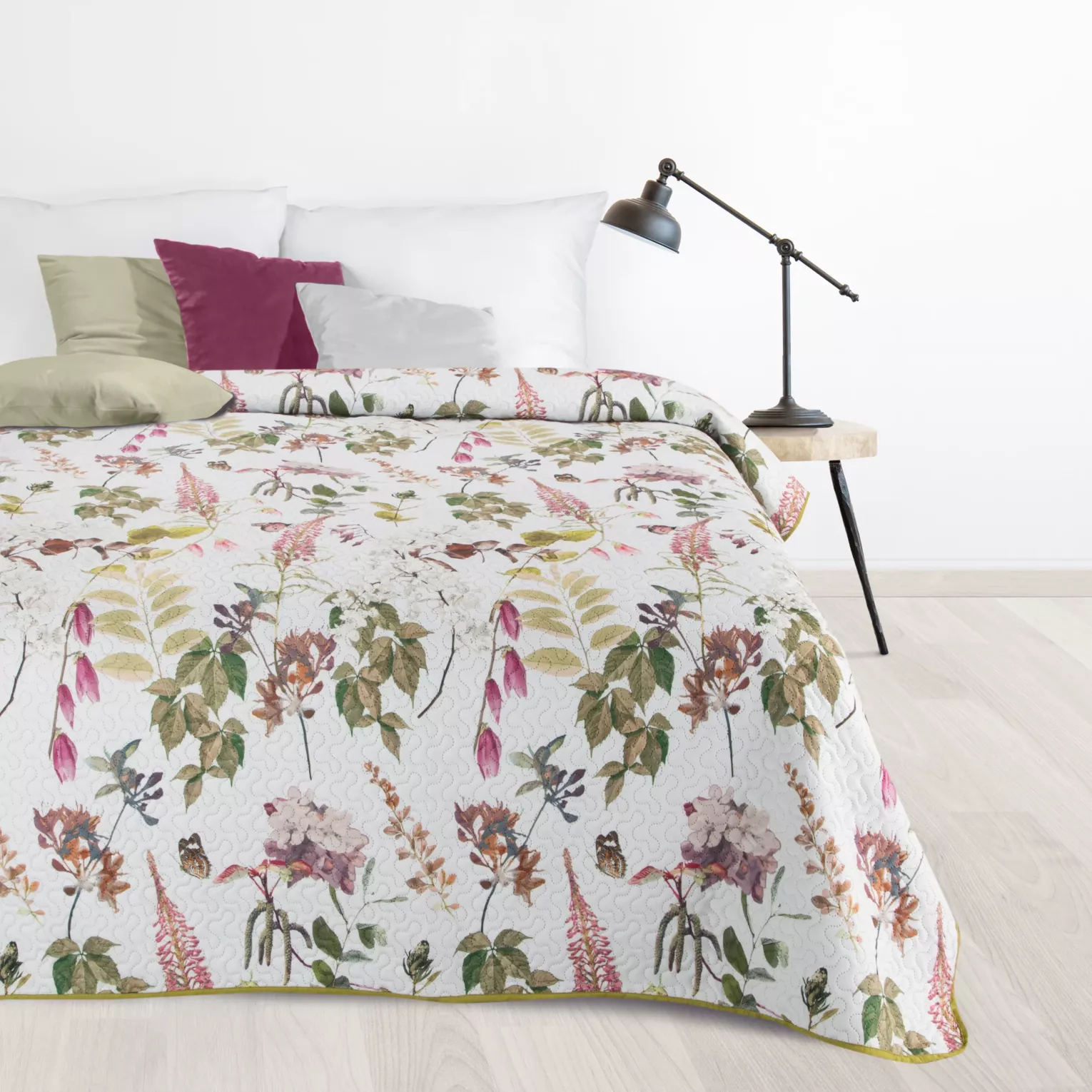 Narzuta biało, zielona 200x220 cm z letnim motywem kwiatów i gałązek ROSA DESIGN 91 Eurofirany