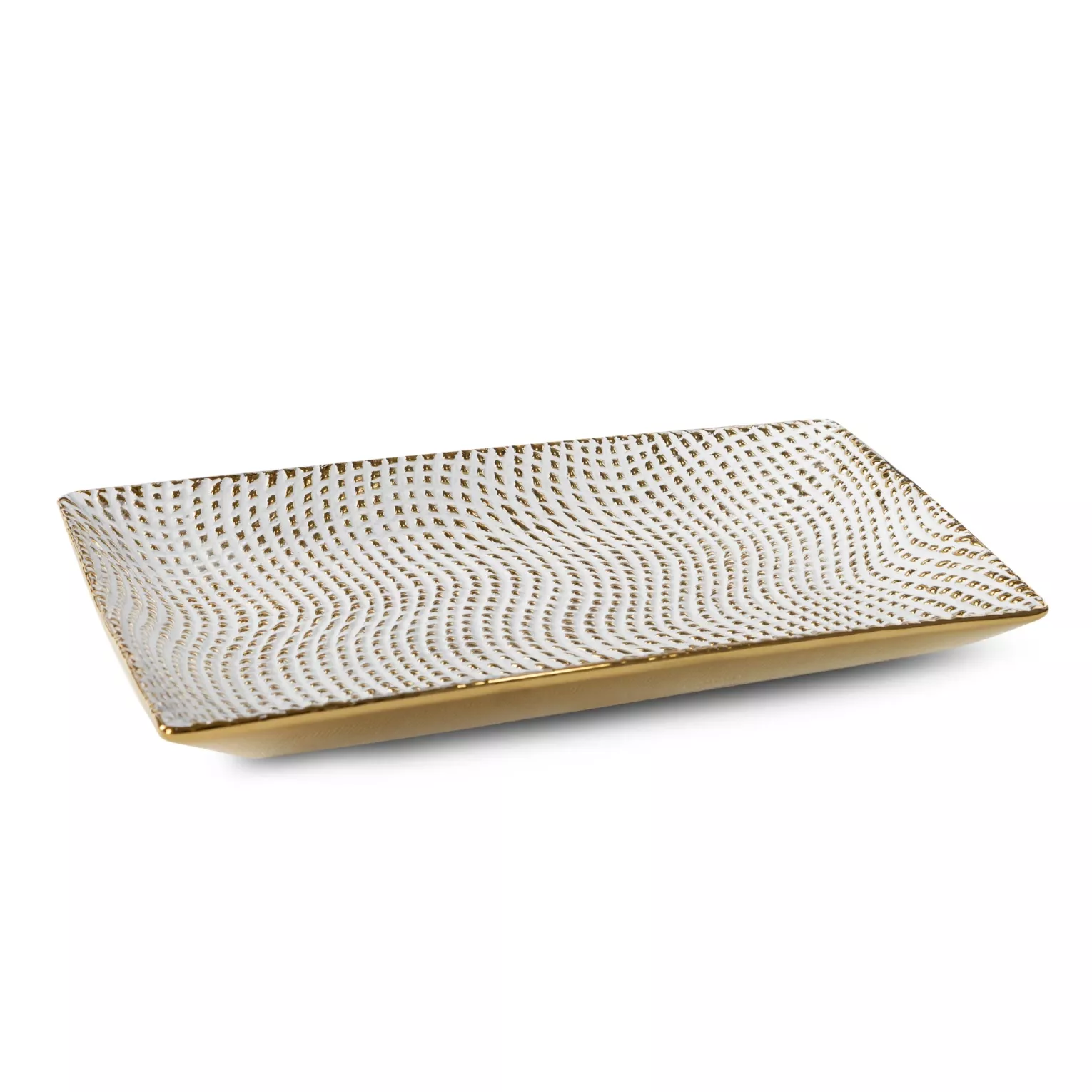 Patera ceramiczna dekoracyjna biało-złota o prostokątnym kształcie z drobnym wytłaczanym wzorem 35x20x4 cm VERDA Eurofirany