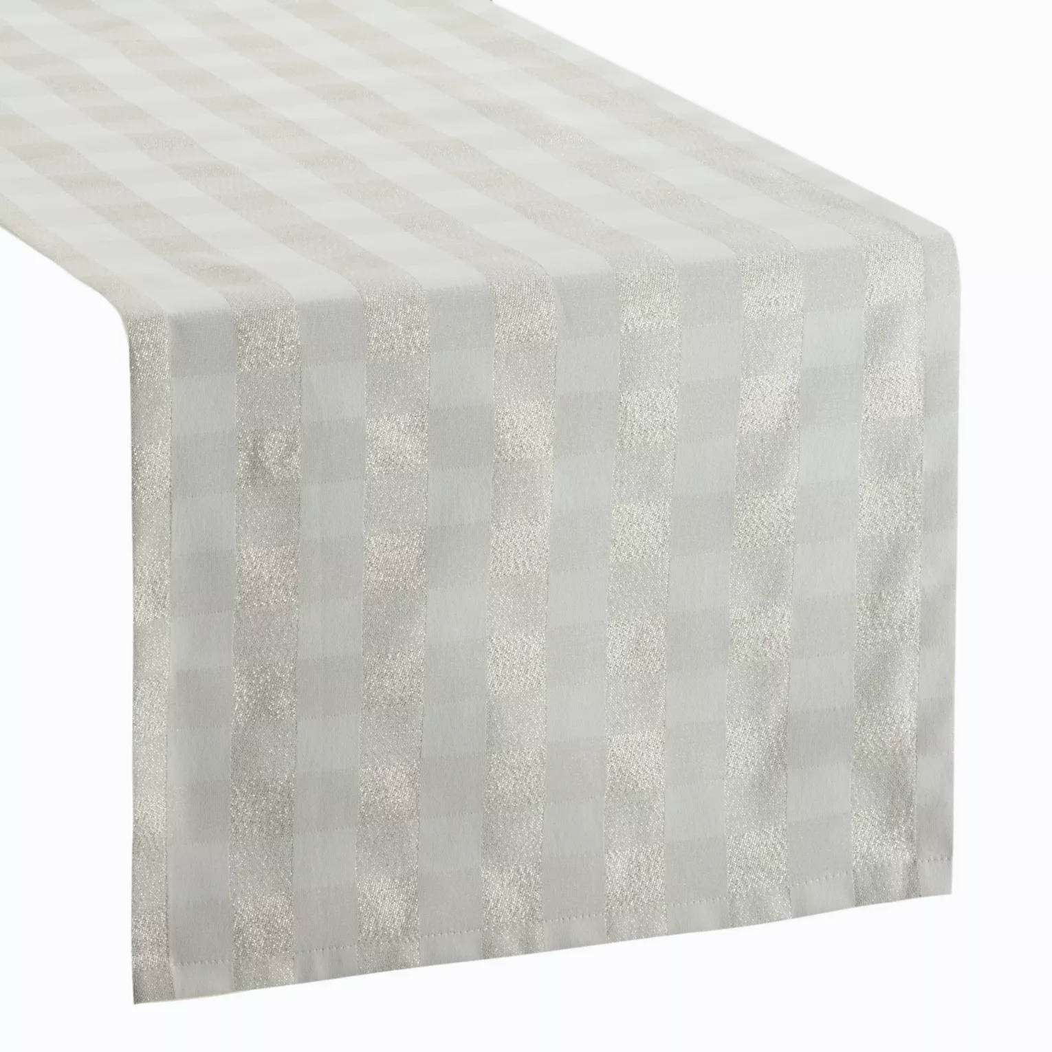 Bieżnik kremowy na stół 40x140 cm z żakardowej tkaniny FLASH świąteczny w krateczkę przetykany jasnozłotą nicią