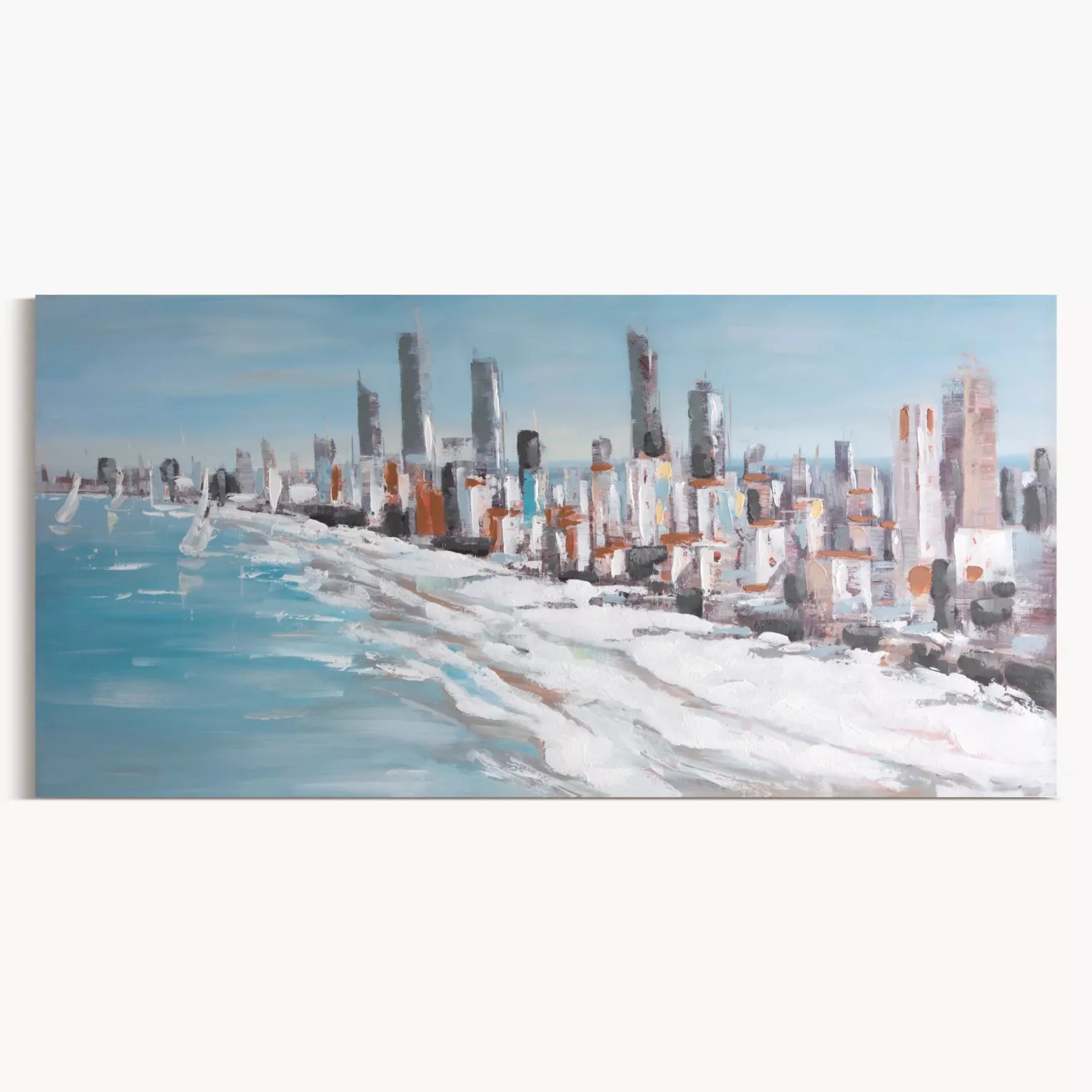 Obraz miasto niebiesko, biały ręcznie malowany na płótnie 140x70 cm  Eurofirany