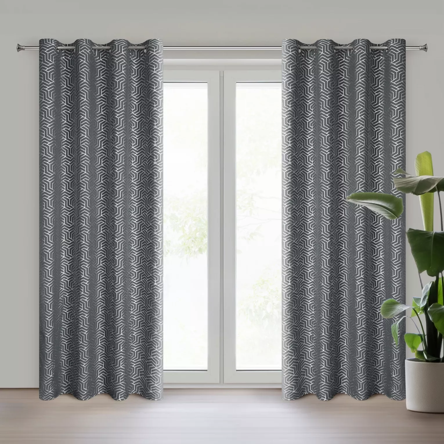Zasłona stalowo, srebrzysta zdobiona nadrukiem geometrycznym 140x250 cm przelotka SEMI Eurofirany