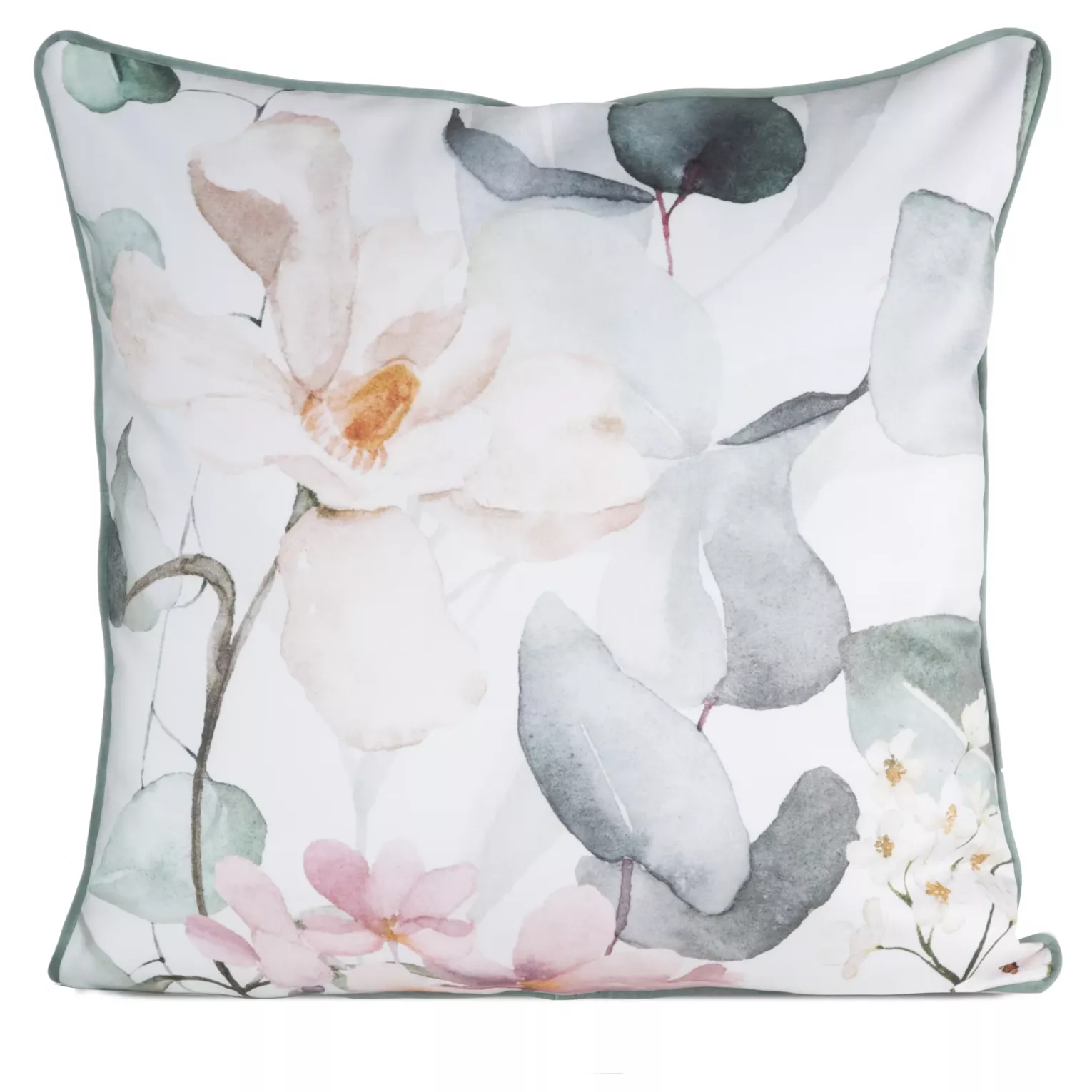 Poszewka na poduszkę dwustronna 60x60 cm welwetowa z motywem roślinnym z wypustką na brzegach biało, zielona JULIET EUROFIRANY PREMIUM