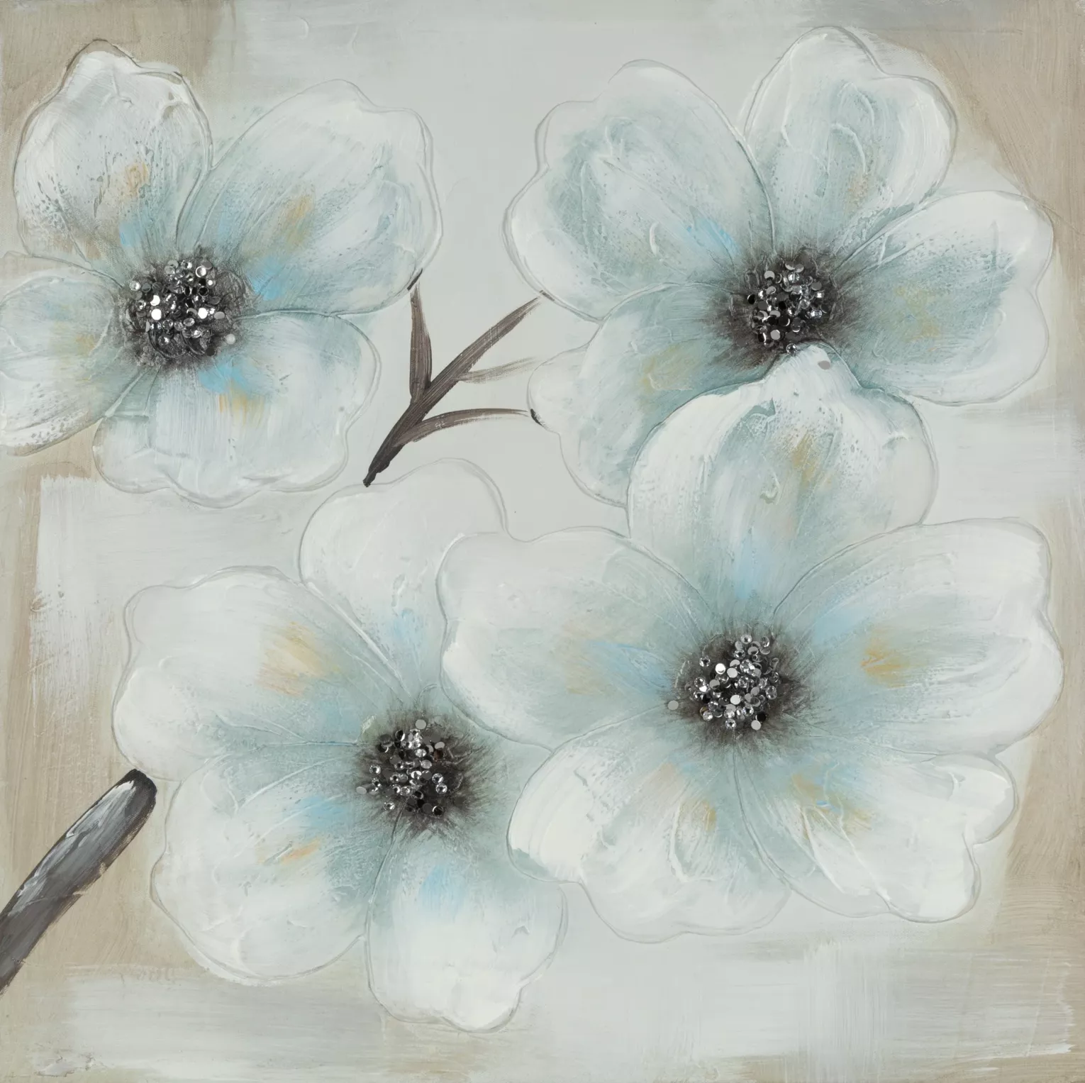 Obraz kwiatowy beżowo, jasnoniebieski ręcznie malowany na płótnie  60x60 cm BLOOM  Eurofirany