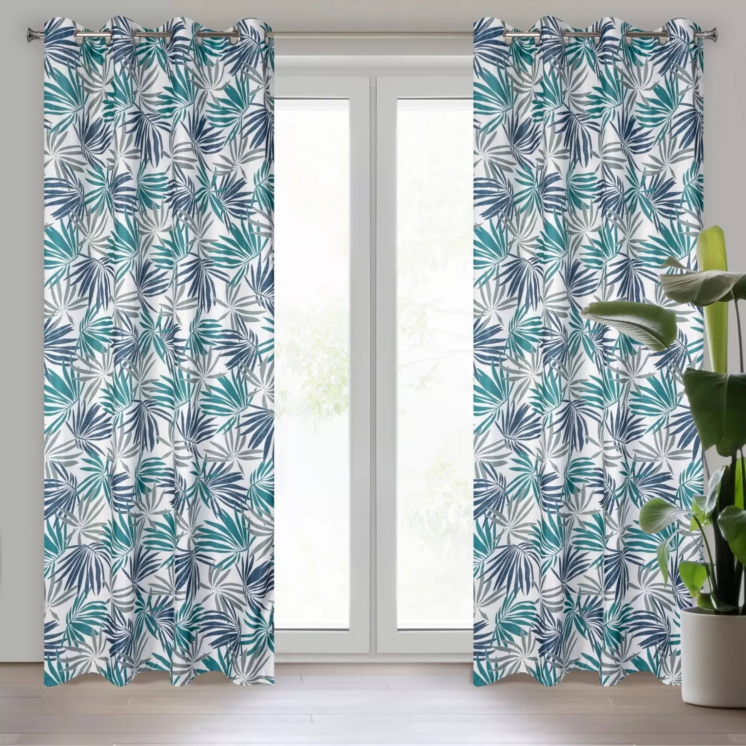 Zasłona biało, turkusowa we wzór liści 140x250 przelotka ELINA Design 91