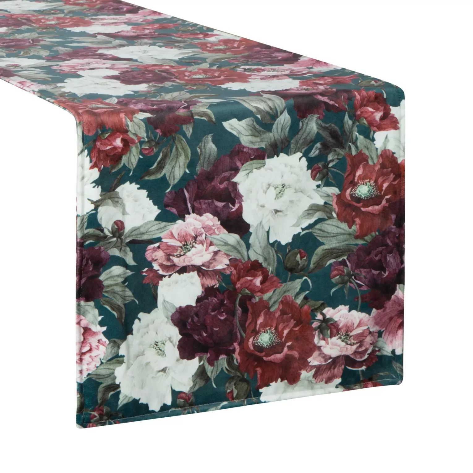 Bieżnik na stół zielono, bordowy 35x180 cm welwetowy VELVET 2 z nadrukiem barwnych kwiatów