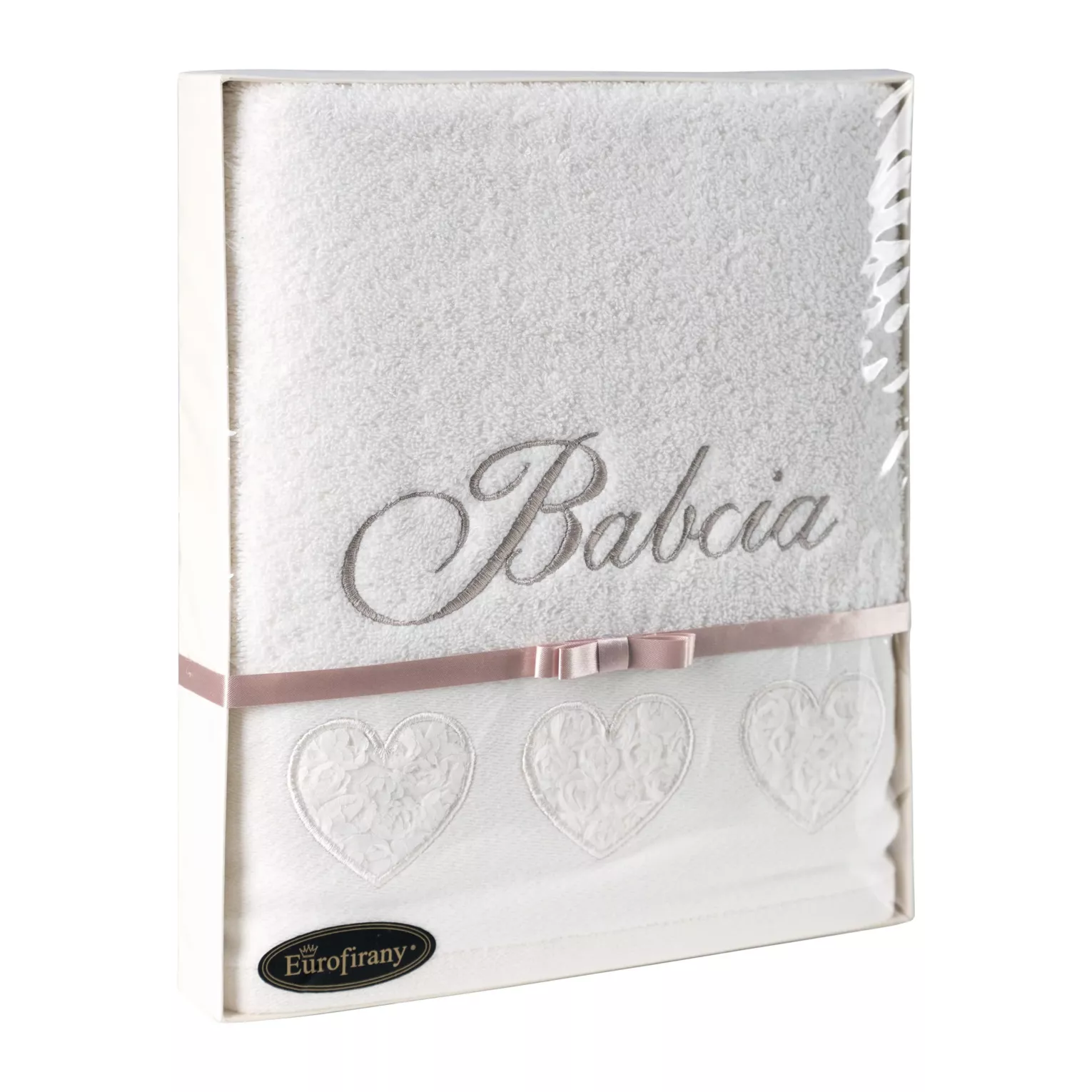 Zestaw upominkowy, ręcznik bawełniany 50x90 cm kolor kremowy z haftem BABCIA Eurofirany