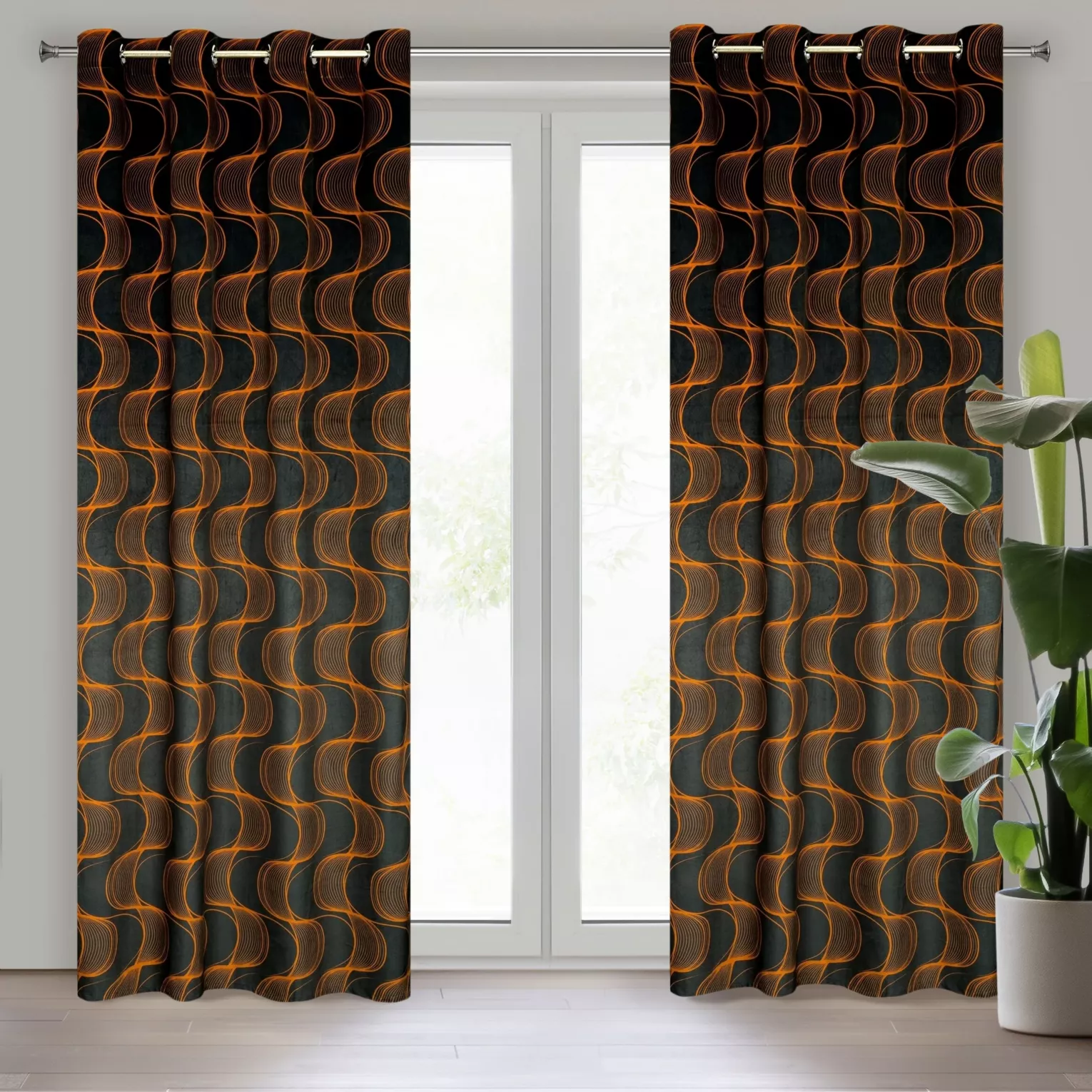 Zasłona czarno, ruda z wzorem pionowych fal, z welwetu 140x250 cm przelotka POLA Eurofirany