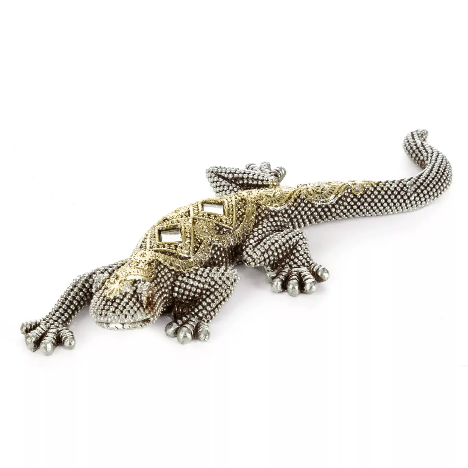 Figurka srebrna jaszczurka o drobnym strukturalnym wzorze 20x8x3 cm GATOS Eurofirany