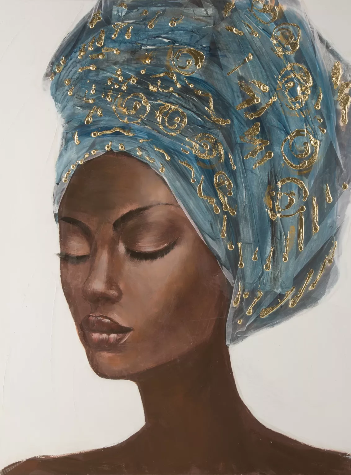 Obraz postaci beżowo, niebieski ręcznie malowany na płótnie portret kobiety w turbanie 60x80 cm BEAUTY 2  Eurofirany