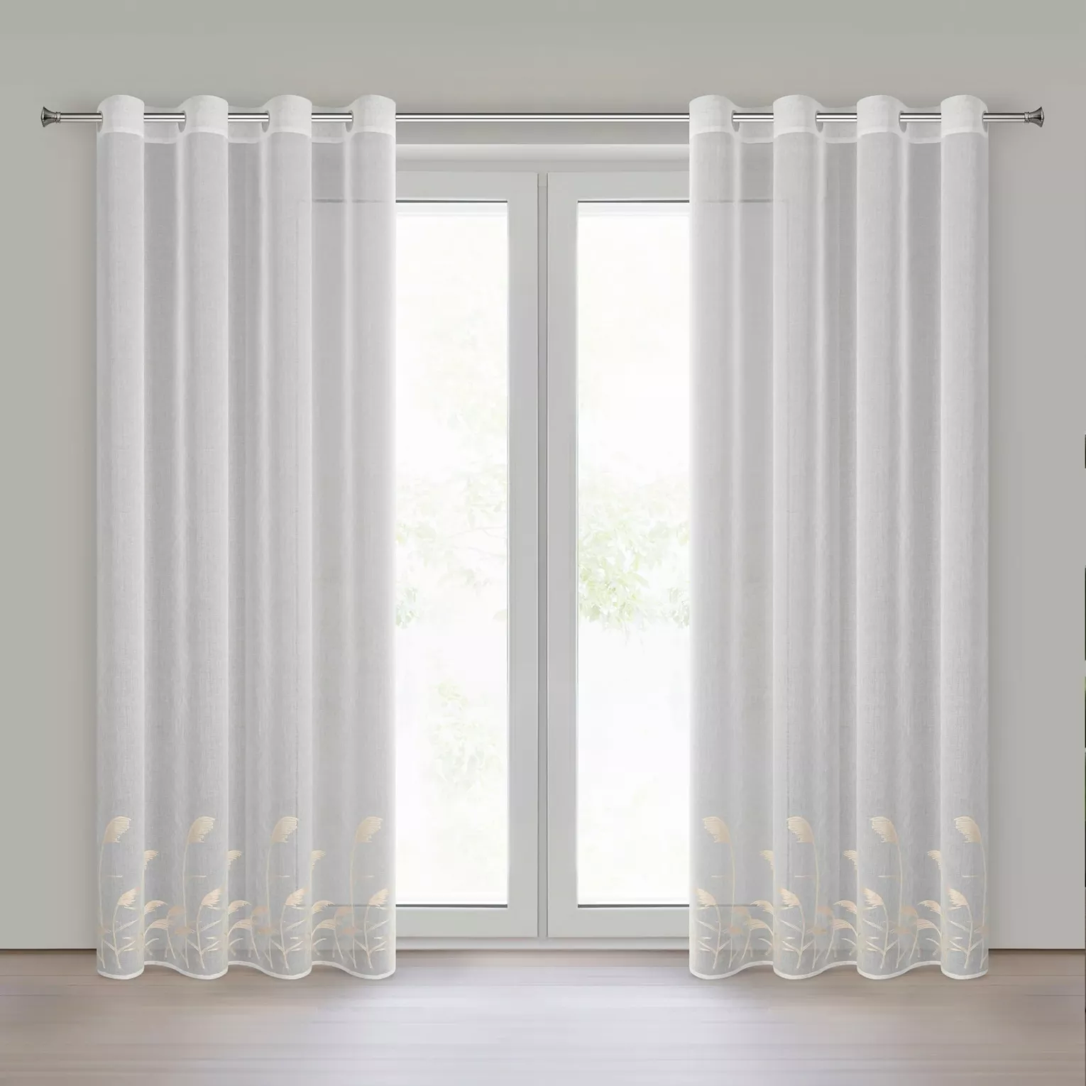 Firana biało, beżowa z etaminy zdobiona haftem w źdźbła ozdobnej trawy  140x250 cm przelotka - TASHA Eurofirany