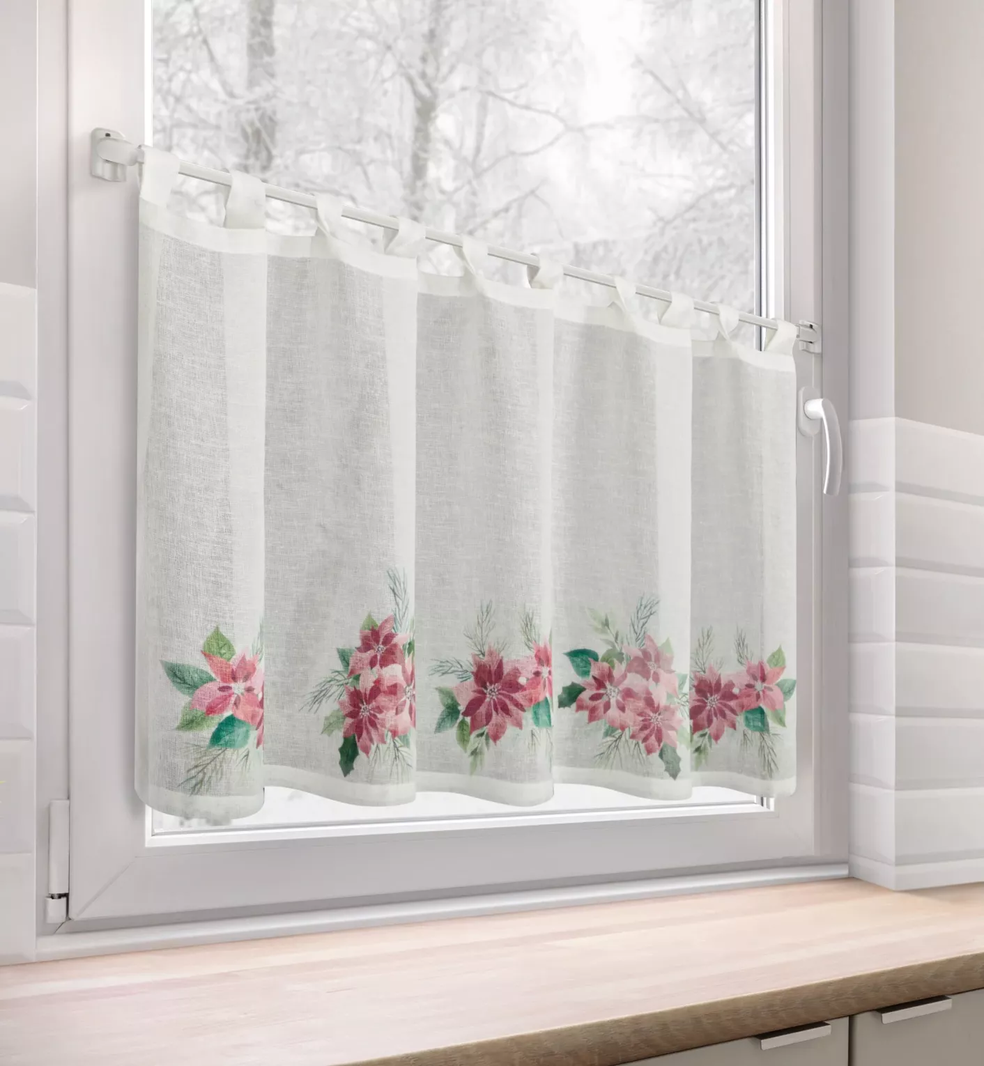 Zazdrostka świąteczna biało, czerwona zdobiona motywem gwiazd betlejemskich szelki 150x60 cm - XMAS 3 Eurofirany