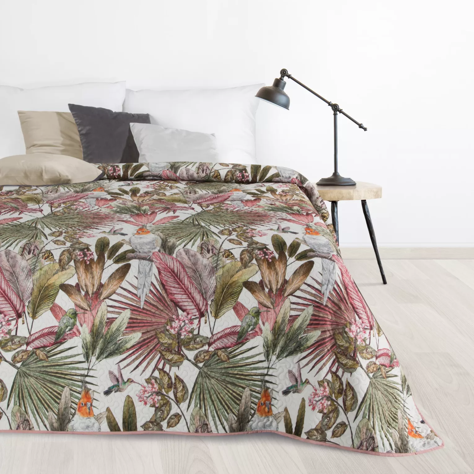 Narzuta zielono, różowa 170x210 cm z nadrukiem egzotycznych roślin i papug PARROT DESIGN 91 Eurofirany