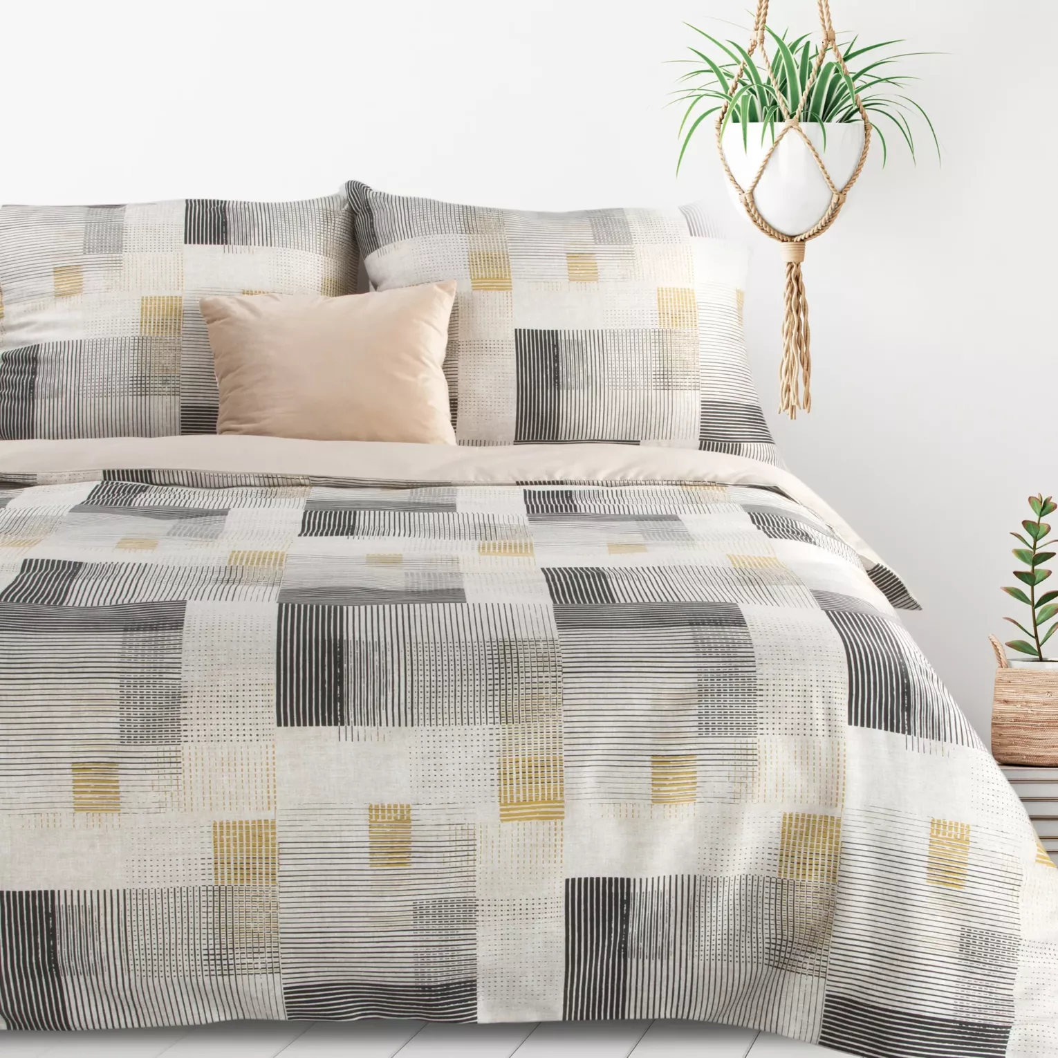 Pościel 220x200 cm komplet 3 częściowy z mieszanki włókien kolor kremowy, stalowy z motywem geometrycznym LEA 6 Design 91 Eurofirany
