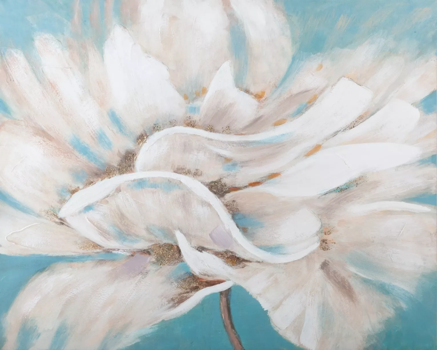 Obraz kwiatowy kremowo, niebieski ręcznie malowany na płótnie podkreślony złotymi akcentami 100x80 cm FLOWERY 2  Eurofirany