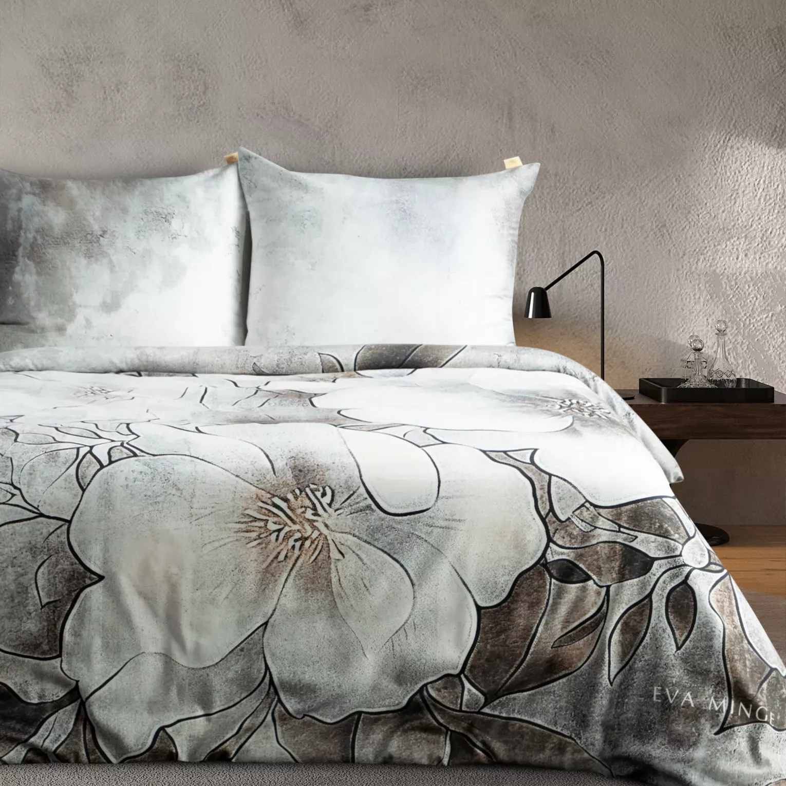 Pościel satynowa 160x200 cm komplet 3 częściowy kolor szarobeżowy, beżowy z wzorem designerskim DAISY Eva Minge Eurofirany