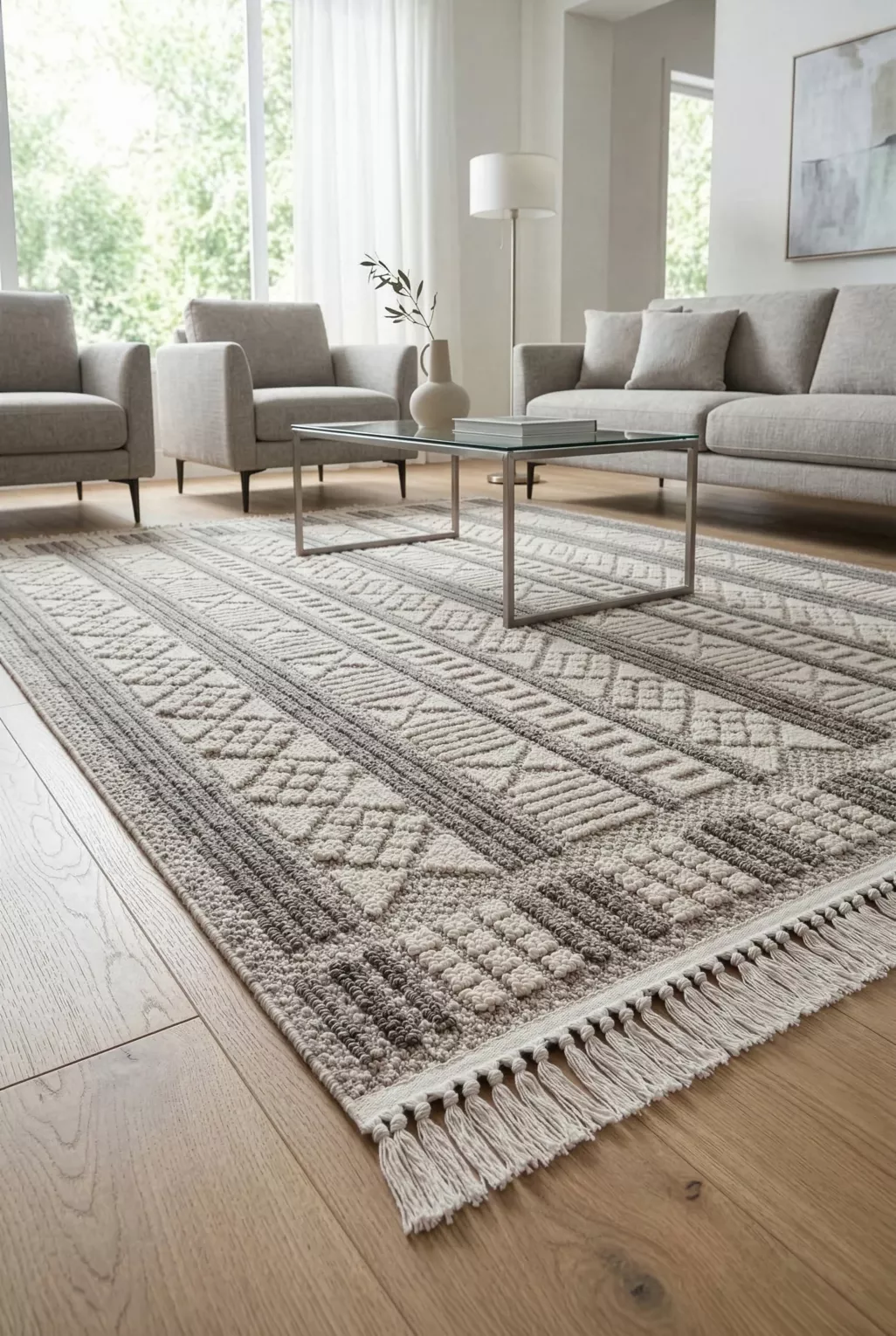 Dywan 80x150 cm jasnobeżowy, jasnoszary zdobiony motywem geometrycznym z frędzlami JOY3 Eurofirany