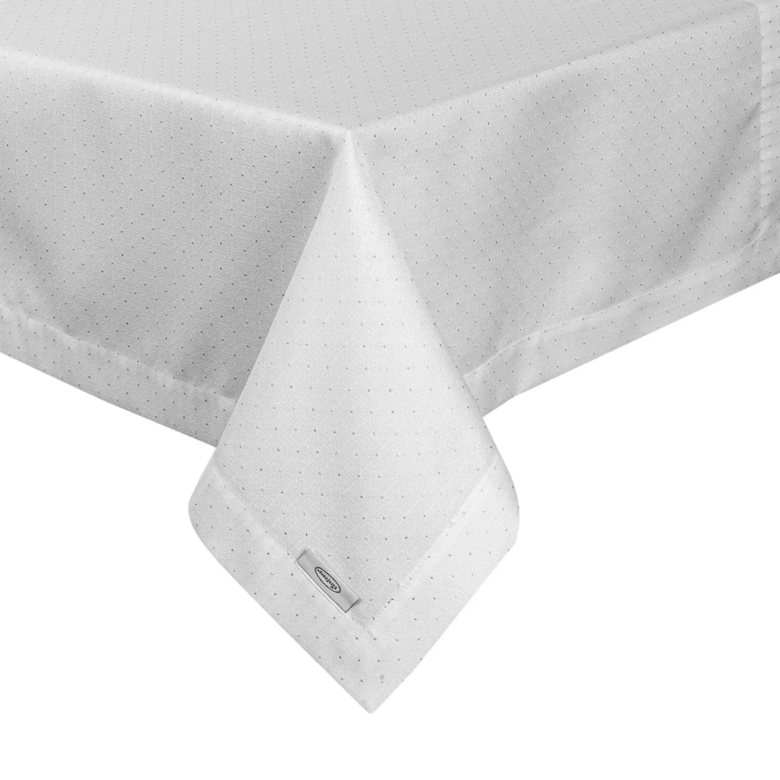 Obrus biały 140x240 cm ELLEN zdobiony drobnymi srebrnymi kropkami i elegancką listwą