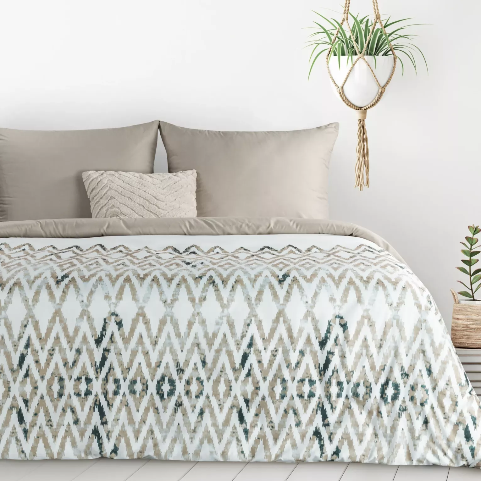 Pościel 220x200 cm komplet 3 częściowy kolor biało, beżowy z motywem geometrycznym VERANO 4 design 91 Eurofirany