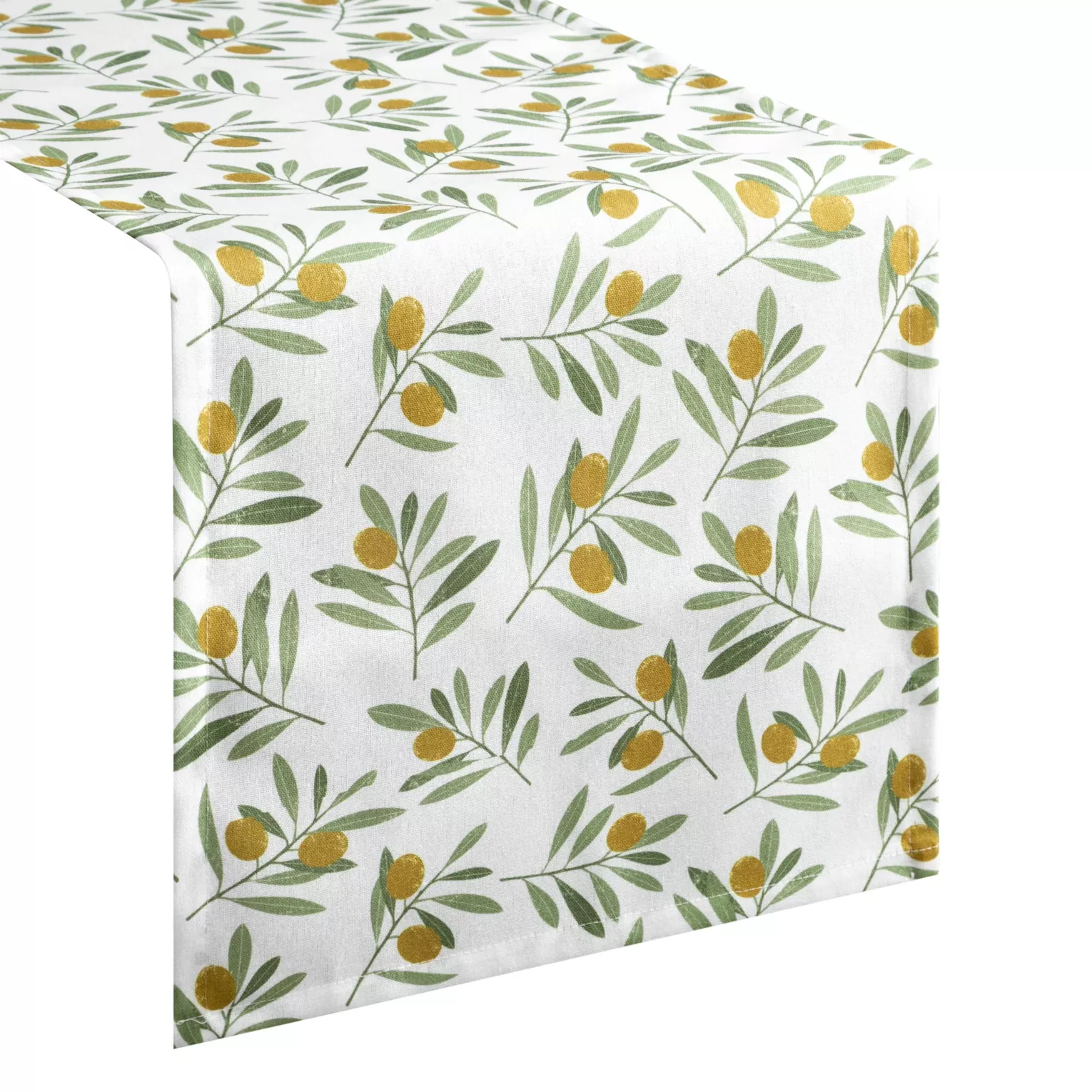Bieżnik na stół plamoodporny 40x140 cm biało, zielony z motywem oliwek - ERIN Eurofirany