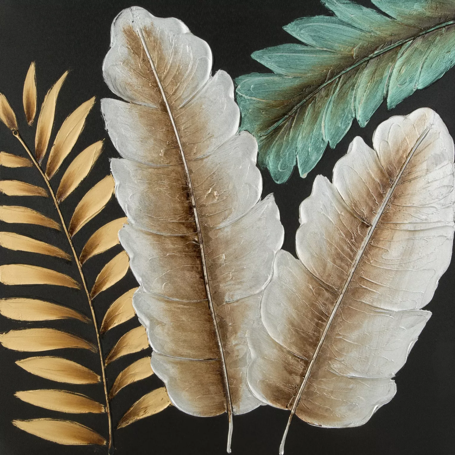 Obraz roślinny czarno, beżowy ręcznie malowane na płótnie liście 60x60 cm LEAVES 1  Eurofirany