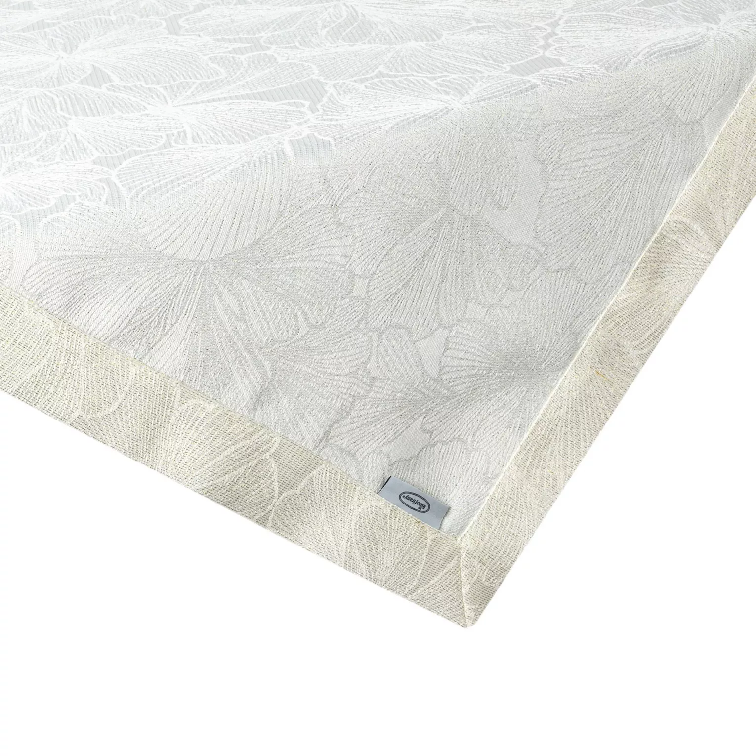 Bieżnik na stół kremowy 85x85 cm LILIAN z delikatnym wzorem liści z tkaniny przeplatanej złotą nicią z elegancką podwójną listwą