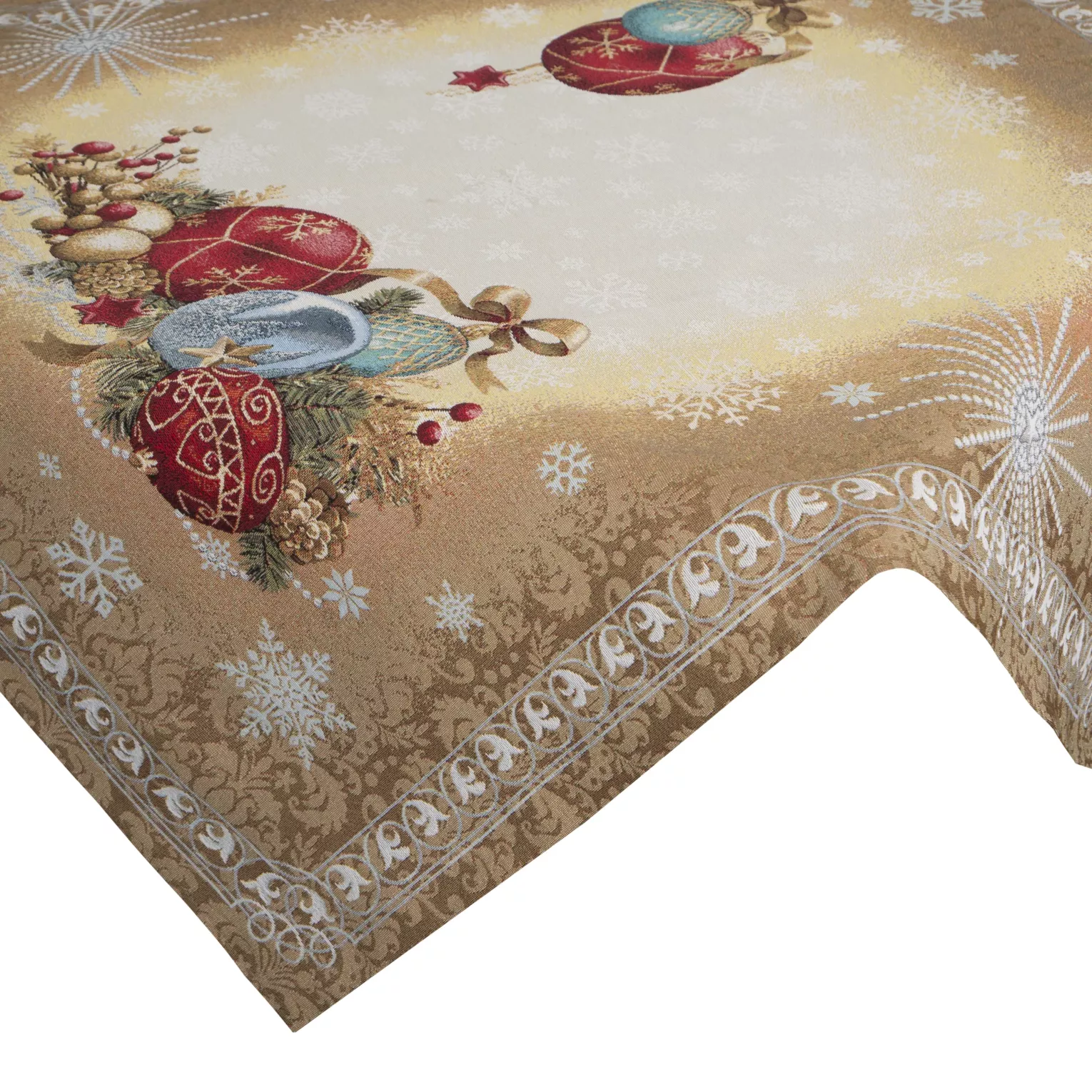 Obrus złoty 140x180 cm gobelinowy z mieszanki włókien zdobiony świątecznym wzorem