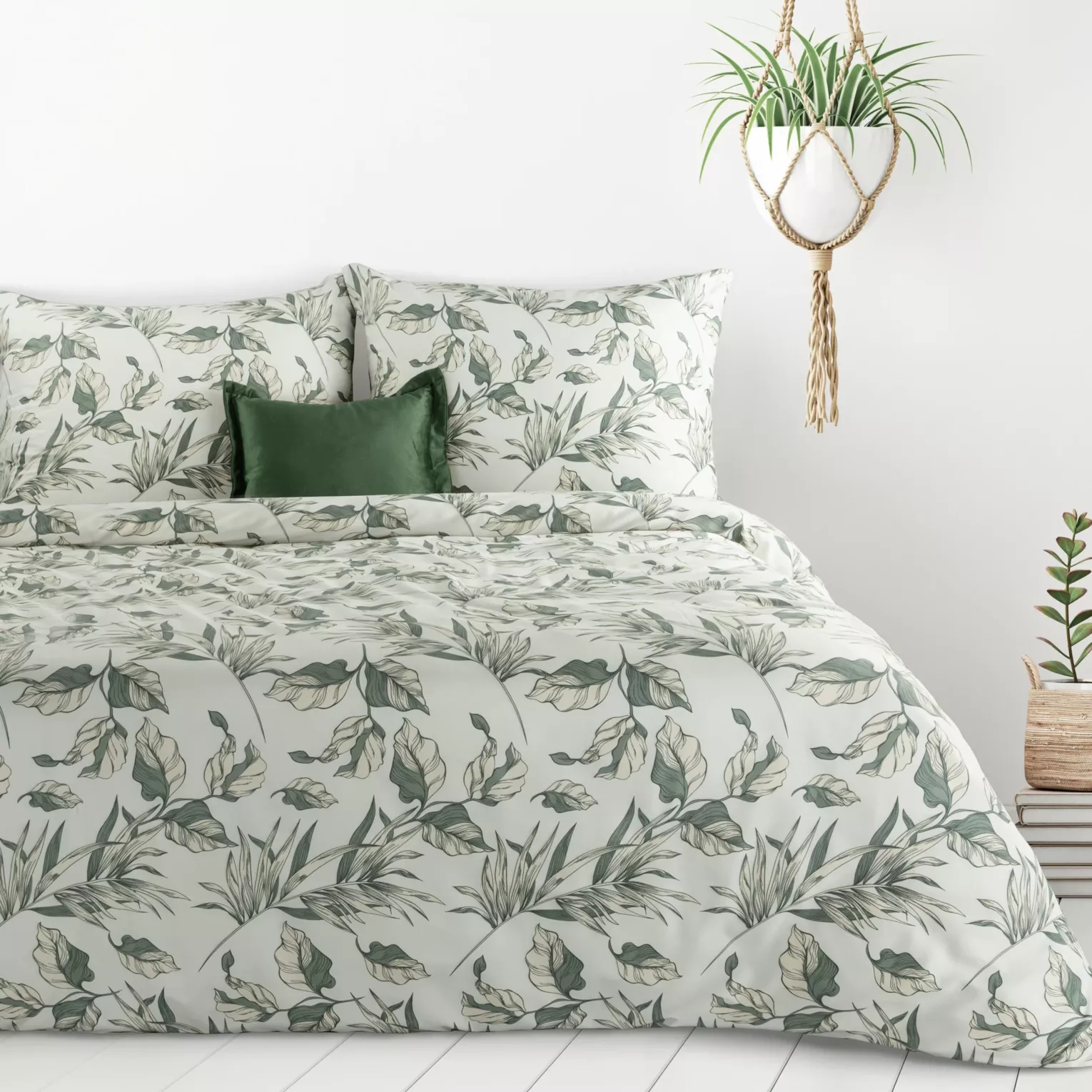 Pościel 140x200 cm komplet 2 częściowy kolor zielono, biały z motywem liści DONNA Design 91 Eurofirany