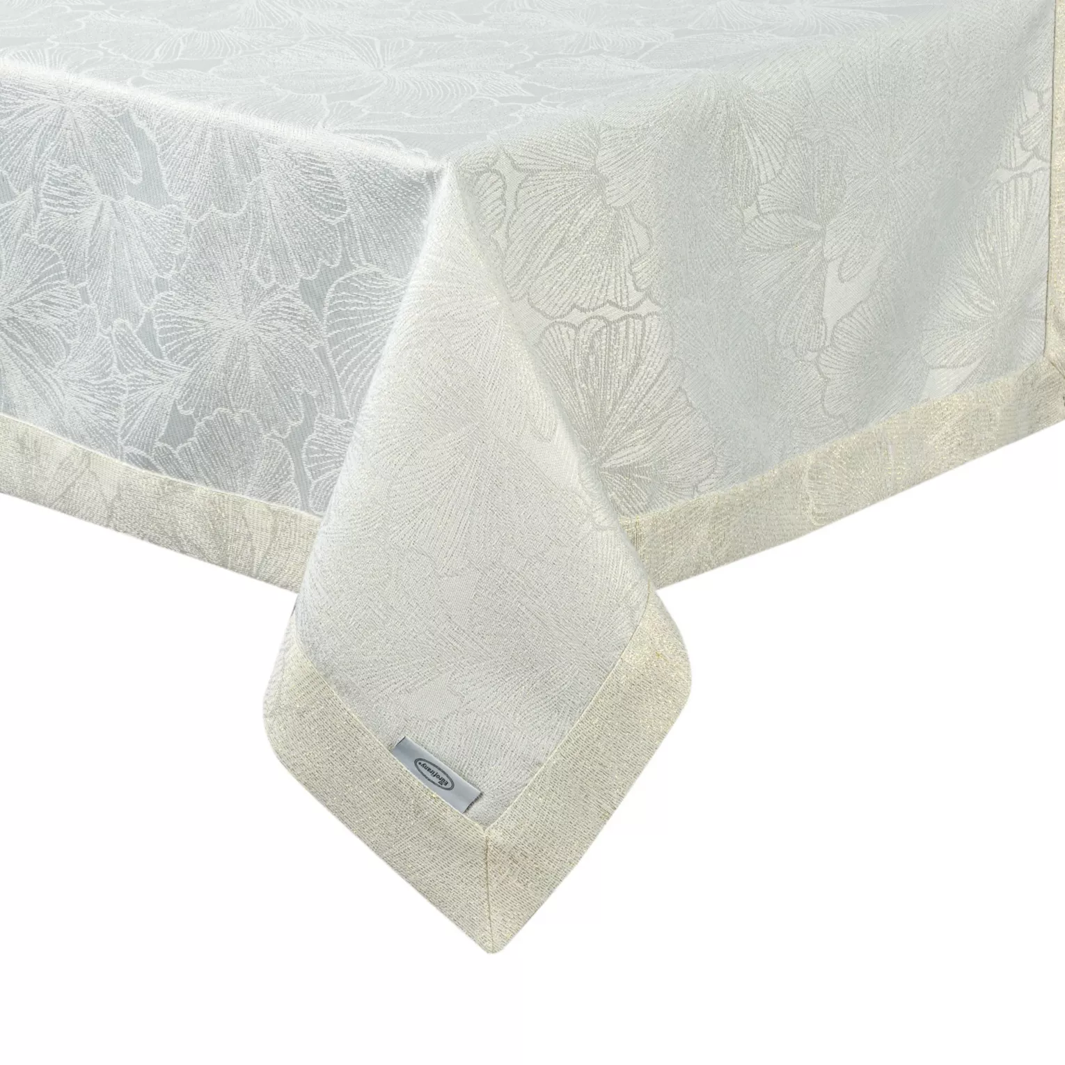 Obrus kremowy 145x400 cm LILIAN z delikatnym wzorem liści z tkaniny przeplatanej złotą nicią z elegancką podwójną listwą