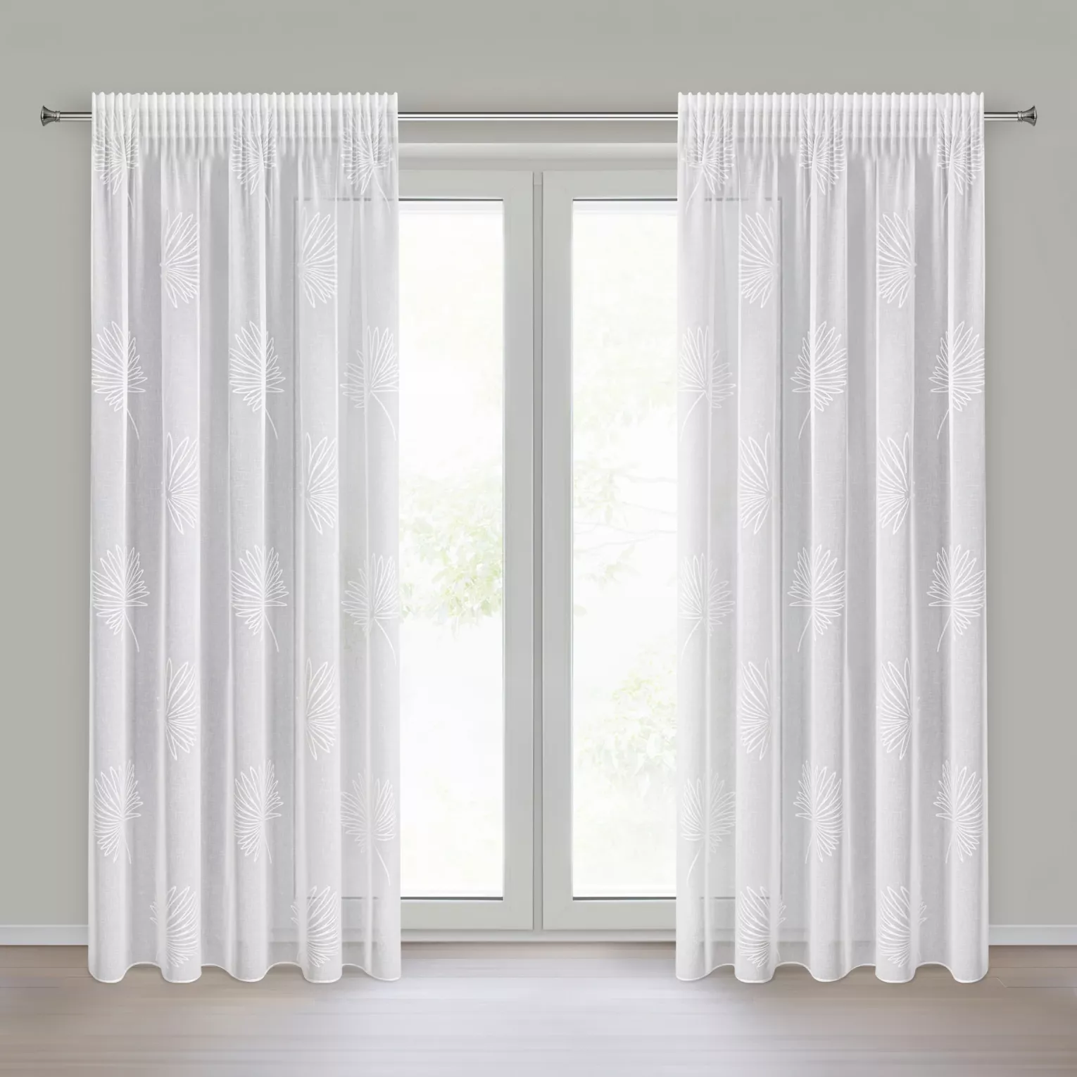 Firana biała z lekkiej etaminy z żakardowym motywem liści 140x270 cm taśma JANE Eurofirany