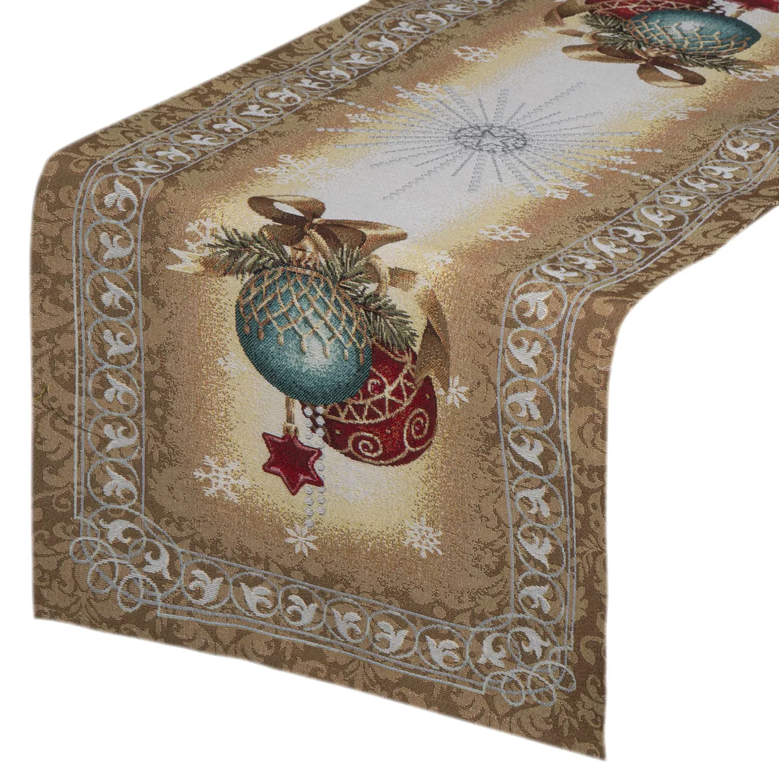 Bieżnik na stół złoty 45x140 cm gobelinowy z mieszanki włókien zdobiony świątecznym wzorem