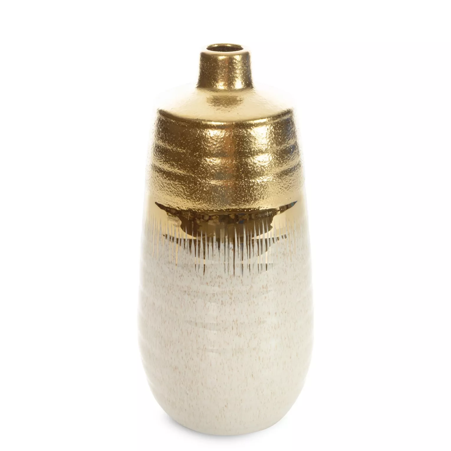Wazon ceramiczny kremowo-złoty łączący fakturę granitu z lśniącą powierzchnią 15x15x30 cm Eurofirany