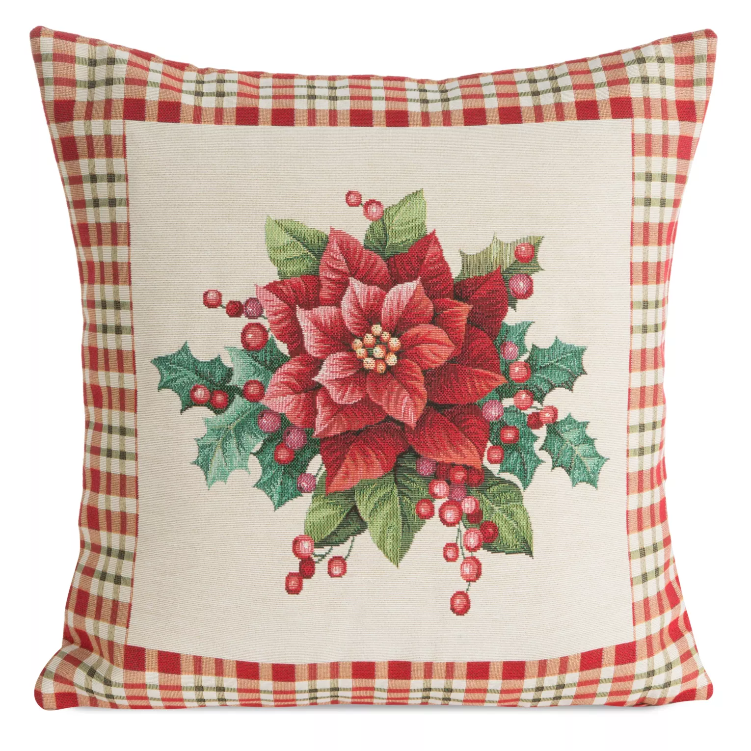 Poszewka na poduszkę 45x45 cm bawełniana, gobelinowa z mieszanki włókien zdobiona motywem gwiazdy betlejemskiej naturalno, czerwona GOB Eurofirany