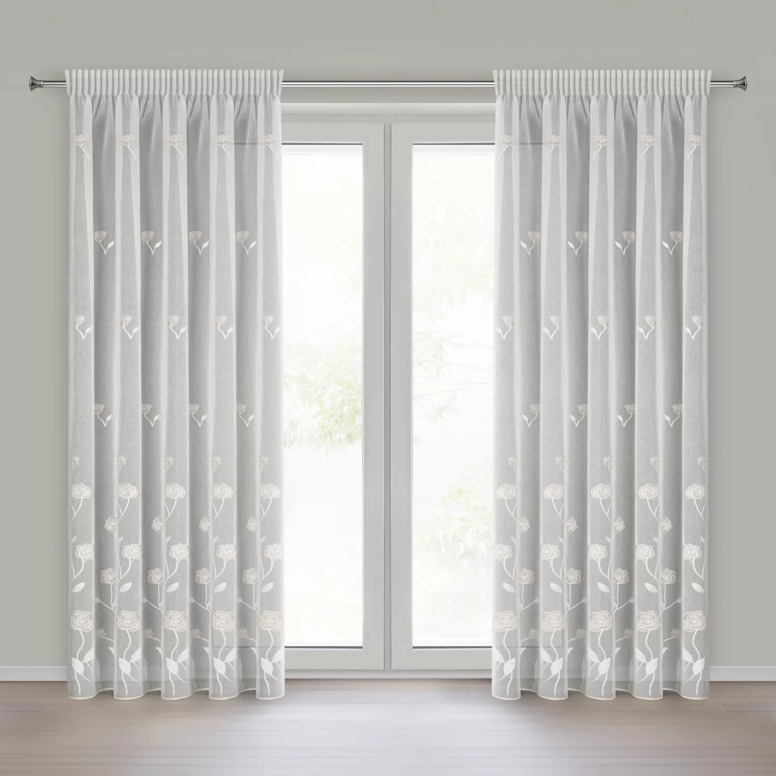 Firana kremowo, beżowa z etaminy zdobiona haftem róż 140x270 cm taśma - ROSALY Eurofirany