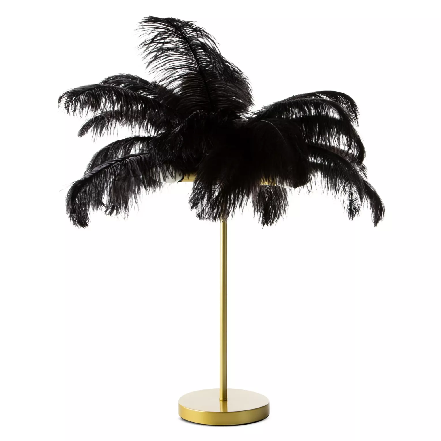 Lampa stołowa do salonu czarno, złota na metalowej podstawie z niezwykle efektownym abażurem z naturalnych strusich piór 65 x 65 x 68 cm FERI Eurofirany