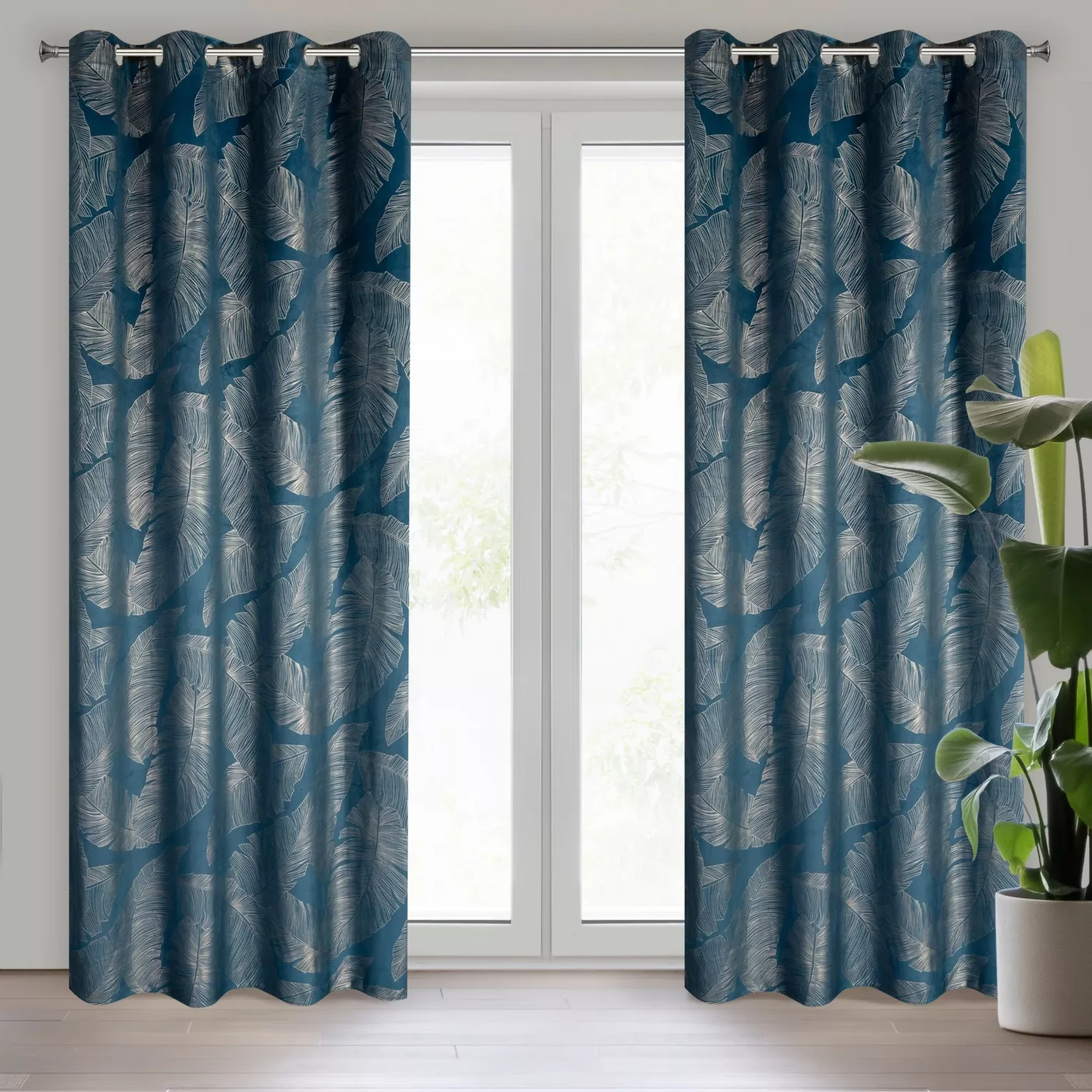 Zasłona granatowo, szampańska z wzorem liści z matowego welwetu 140x250 przelotka MUSA 2 Limited Collection Eurofirany