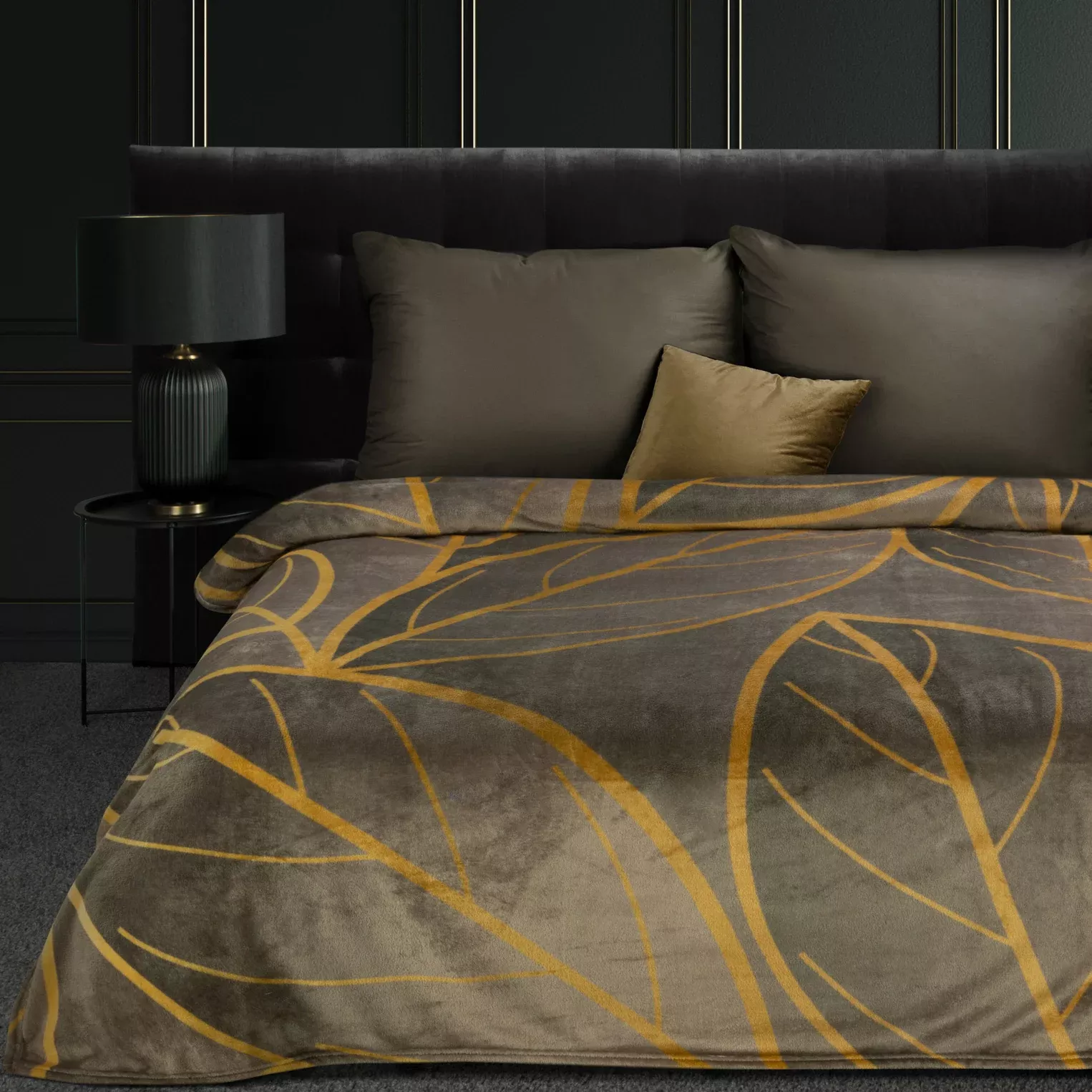 Koc  150x200 cm brązowo, beżowy zdobiony motywem dużych liści ALISMA 2 LIMITED COLLECTION Eurofirany