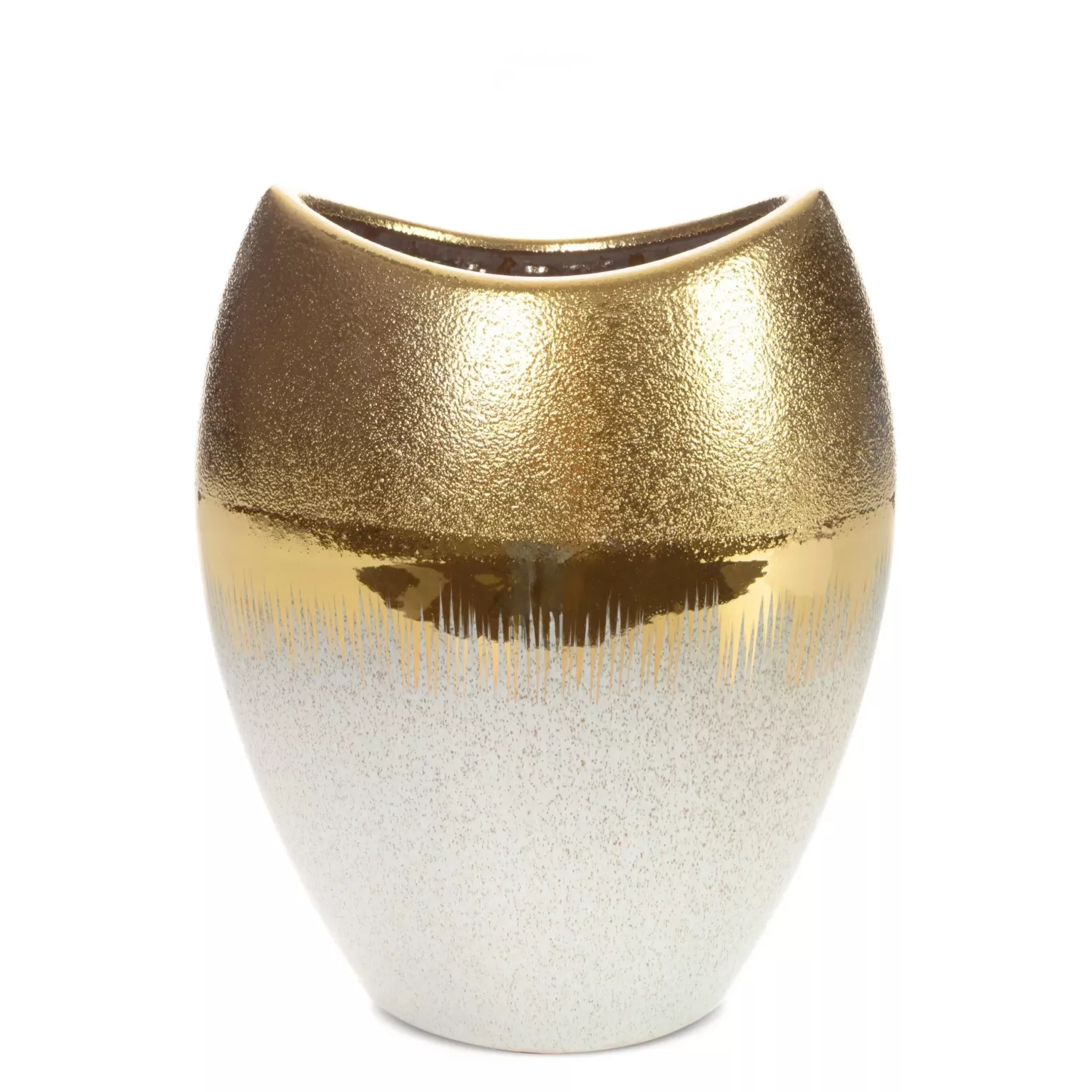 Wazon ceramiczny kremowo-złoty łączący fakturę granitu z lśniącą powierzchnią 24x15x30 cm Eurofirany