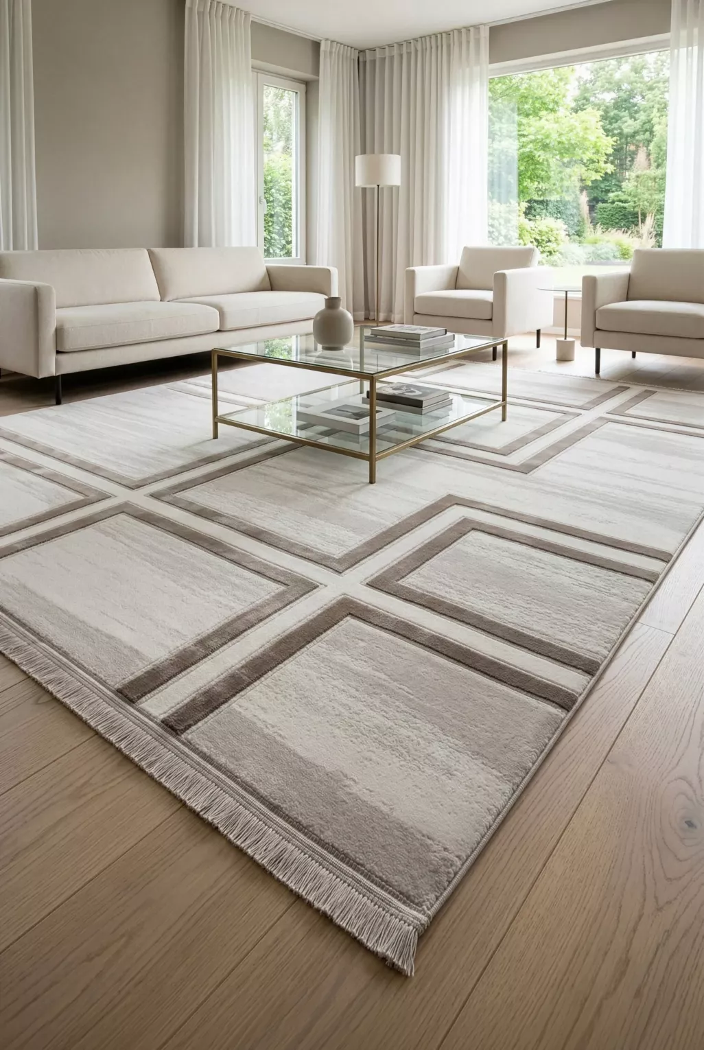 Dywan 60x100 cm jasnokremowo, beżowy zdobiony geometrycznym wzorem AURA12 Eurofirany
