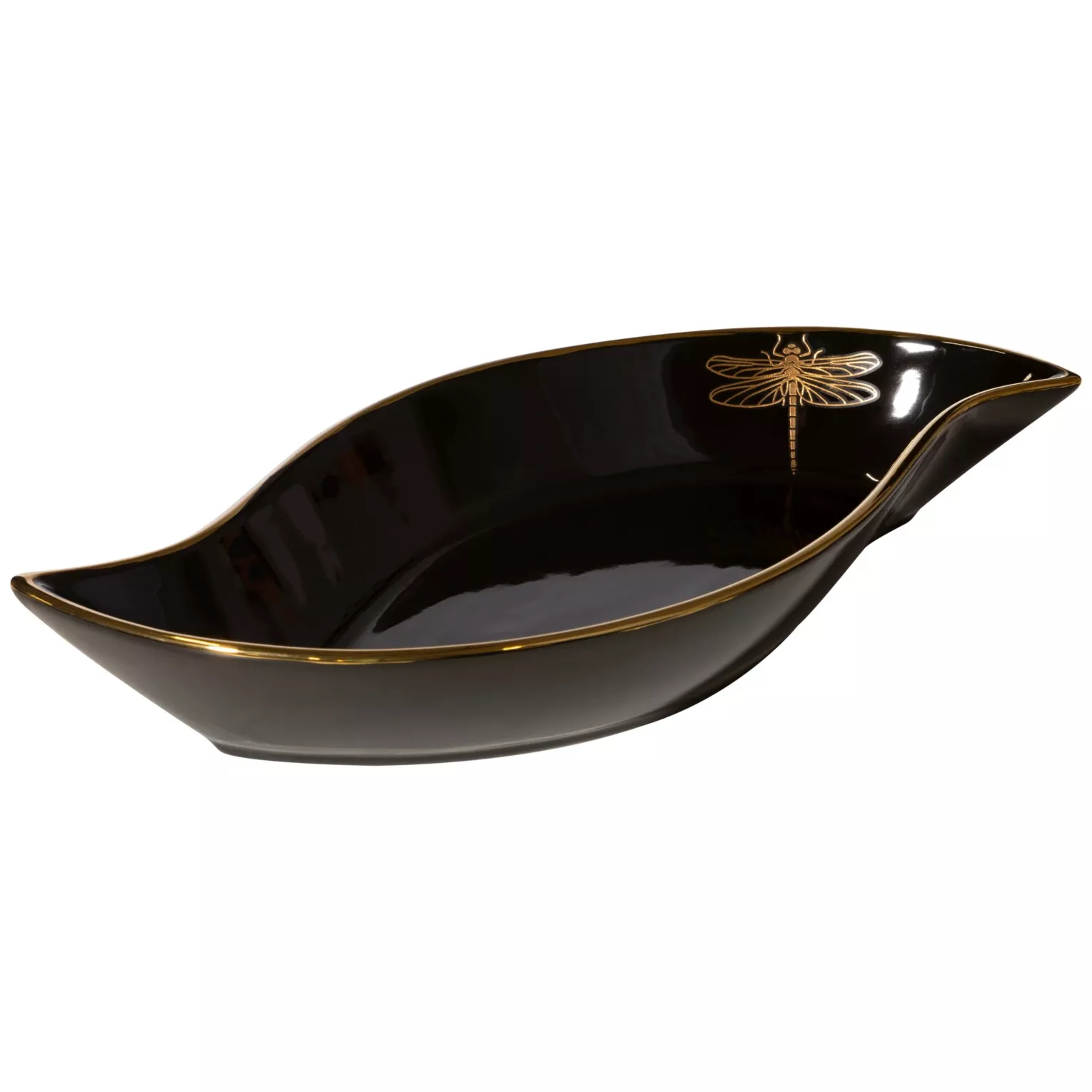 Patera ceramiczna dekoracyjna czarno-złota z nadrukiem złotej ważki 36x18x5 cm Eurofirany