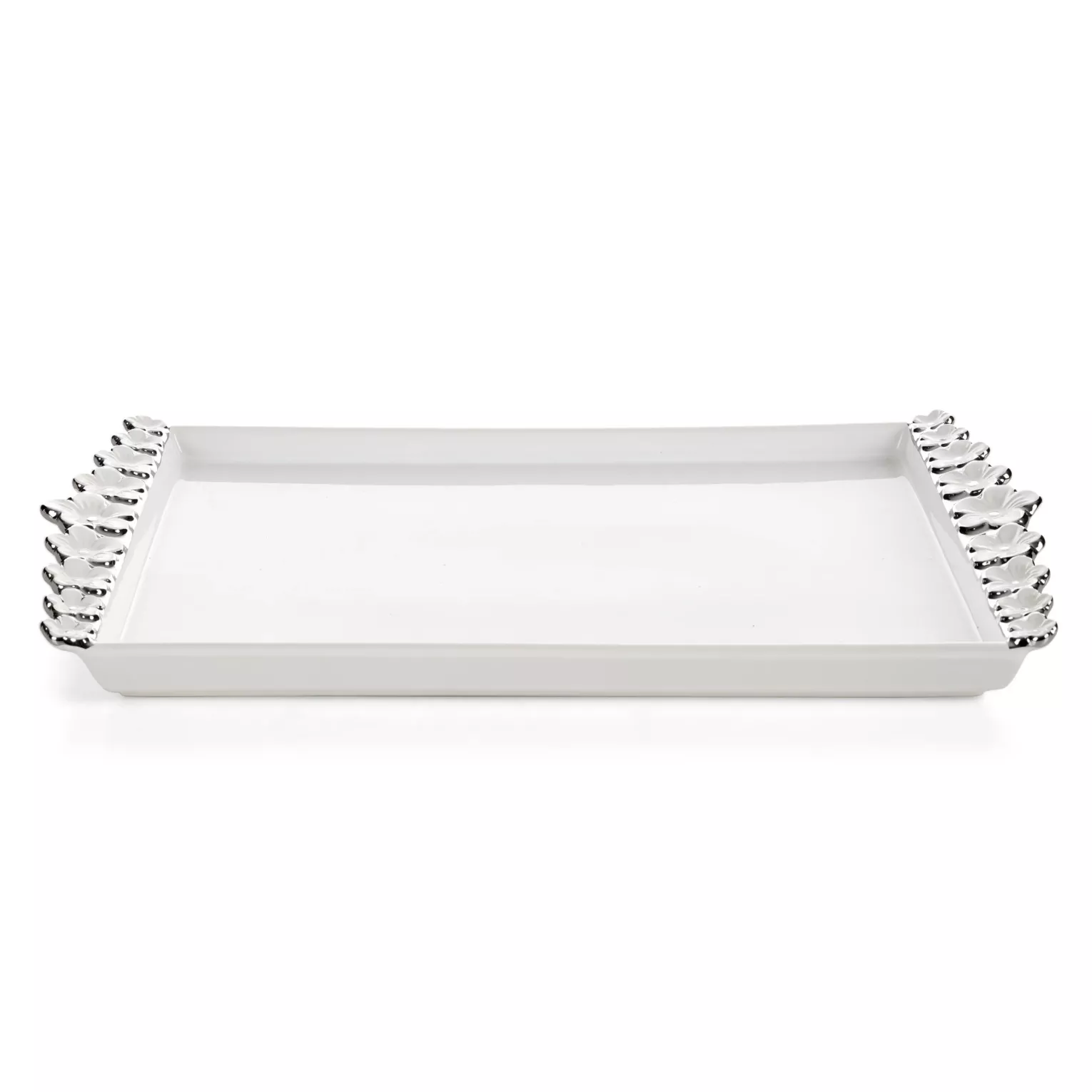 Patera dekoracyjna biało, srebrna zdobiona metalicznymi kwiatami 39x22x3 cm ARIANA Eurofirany