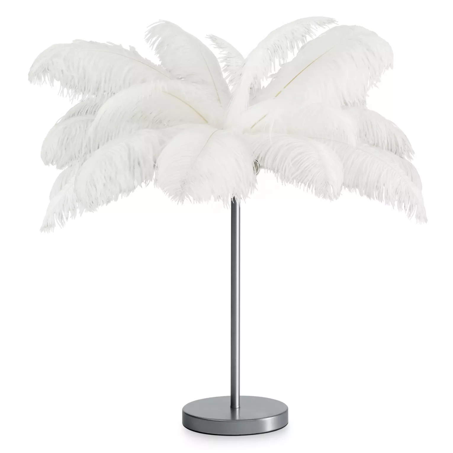 Lampa stojąca do salonu srebrno, biała FERI na metalowej podstawie z niezwykle efektownym abażurem z naturalnych strusich piór 65 x 65 x 68 cm FERI  Eurofirany