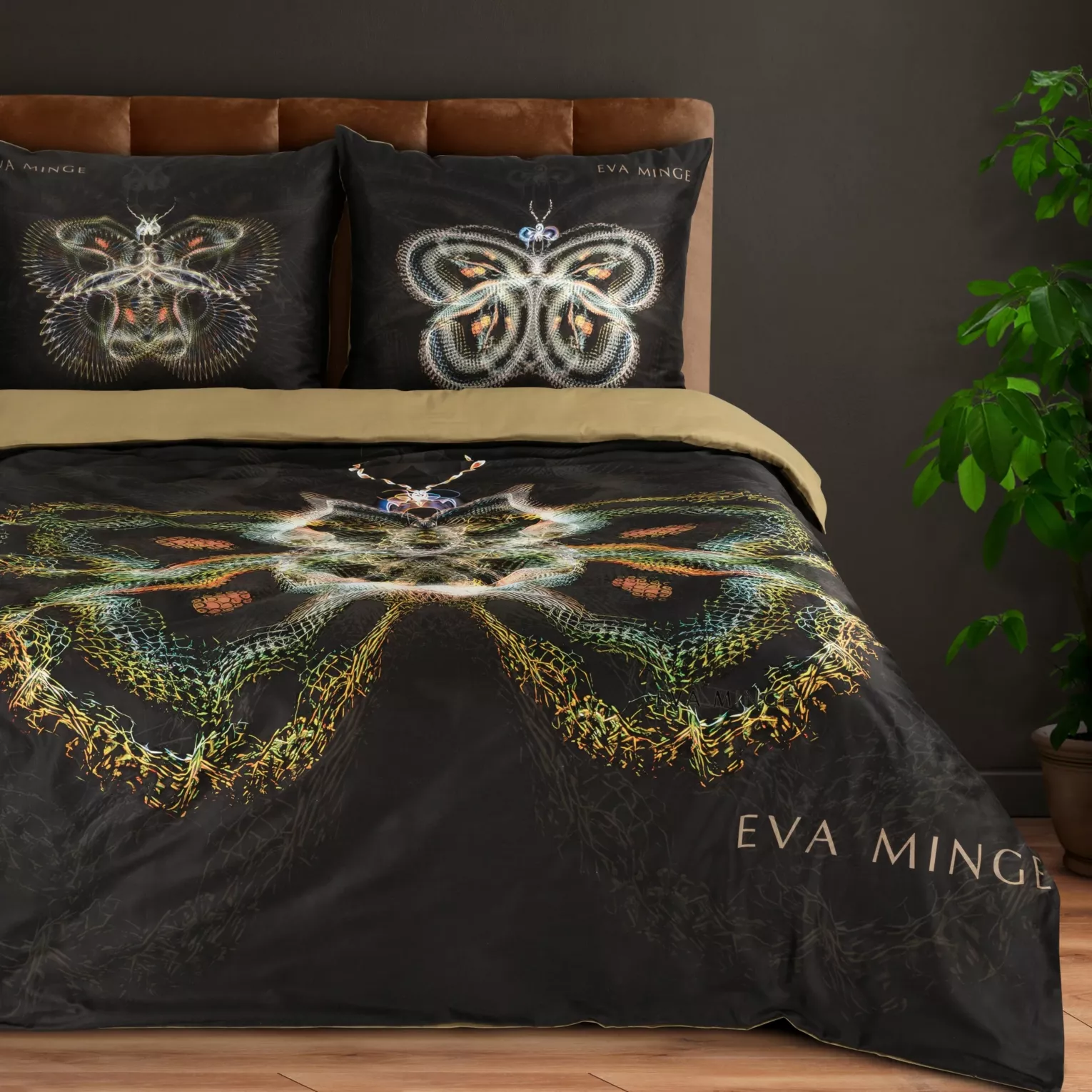 Pościel bawełniana z makosatyny 220x200 cm komplet 3 częściowy kolor czarny, złoty z designerskim wzorem EVA 11 Eva Minge Eurofirany